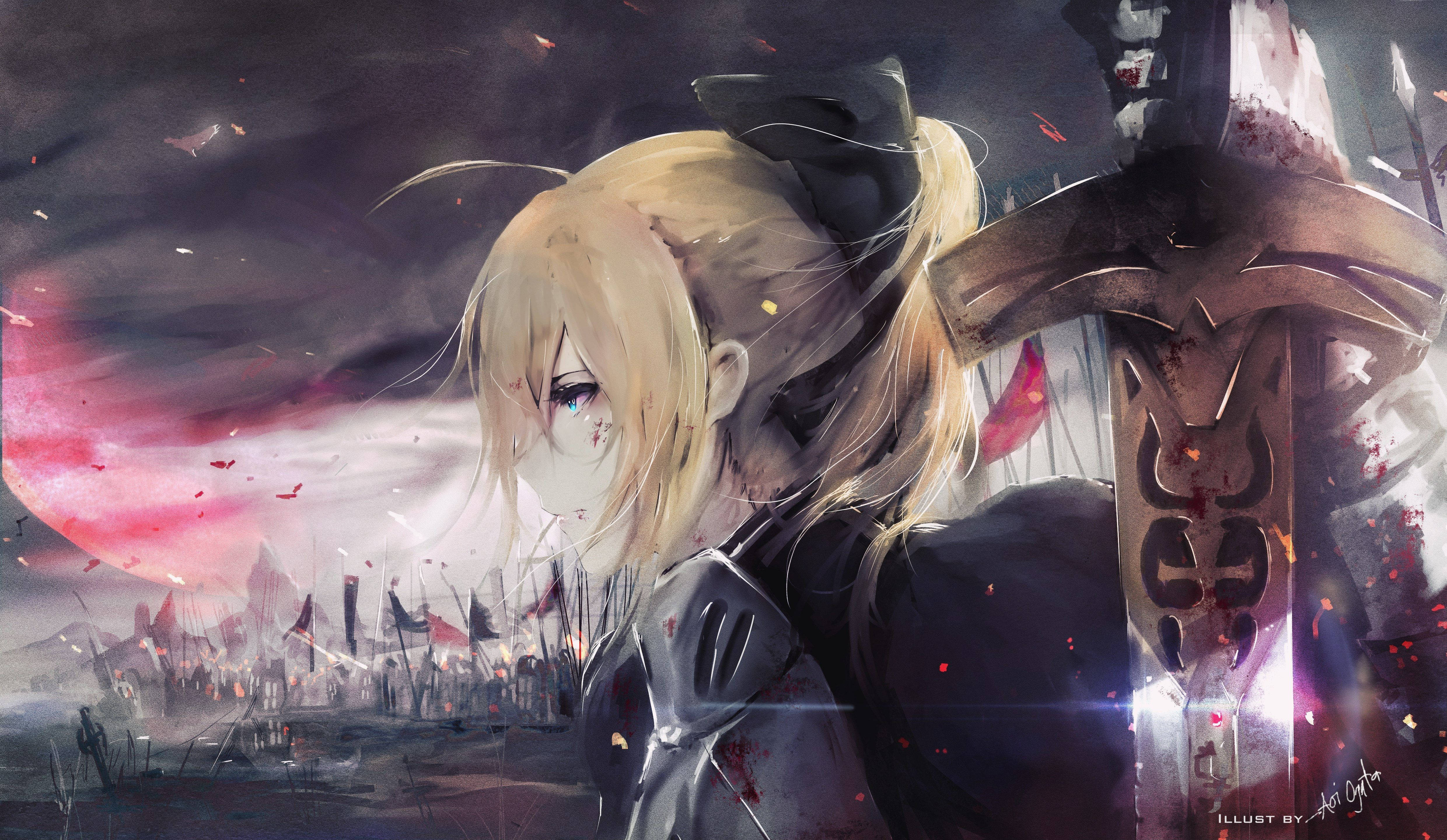 A blonde anime girl with a bloodied sword stands in a war-torn battlefield under a crimson sky., 4K Desktop Wallpaper