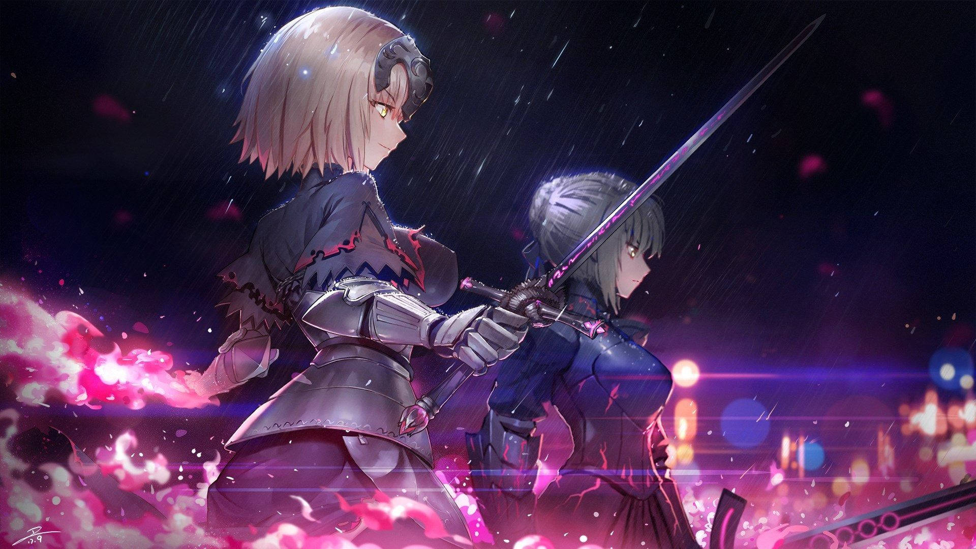 Two anime warriors clash in a rainy night battle with glowing pink energy and city lights in the background., Full HD Desktop Wallpaper