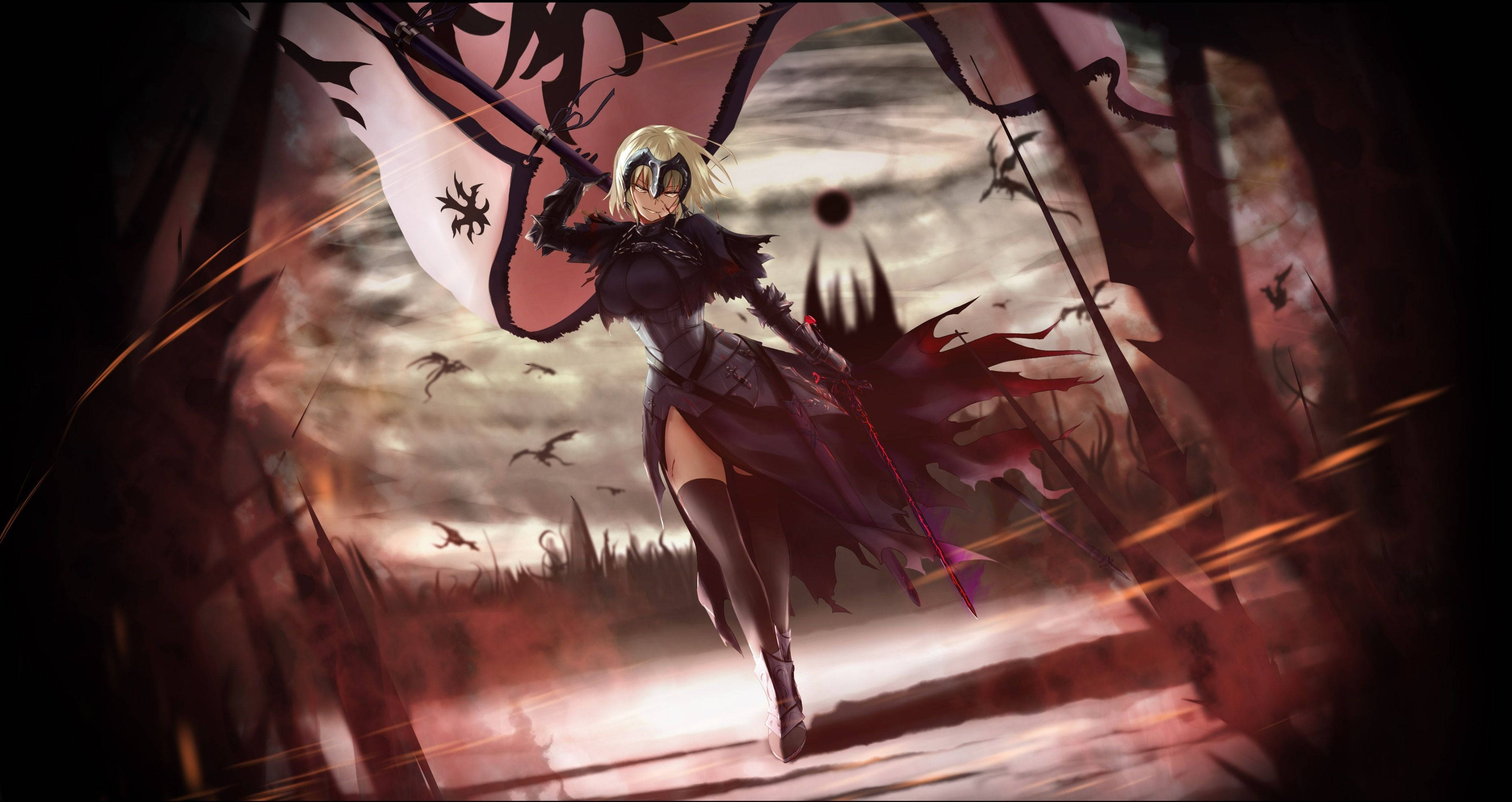 A blonde anime warrior in dark armor wields a glowing sword amidst a fiery battlefield with flying bats and ominous silhouettes., 4K Desktop Wallpaper