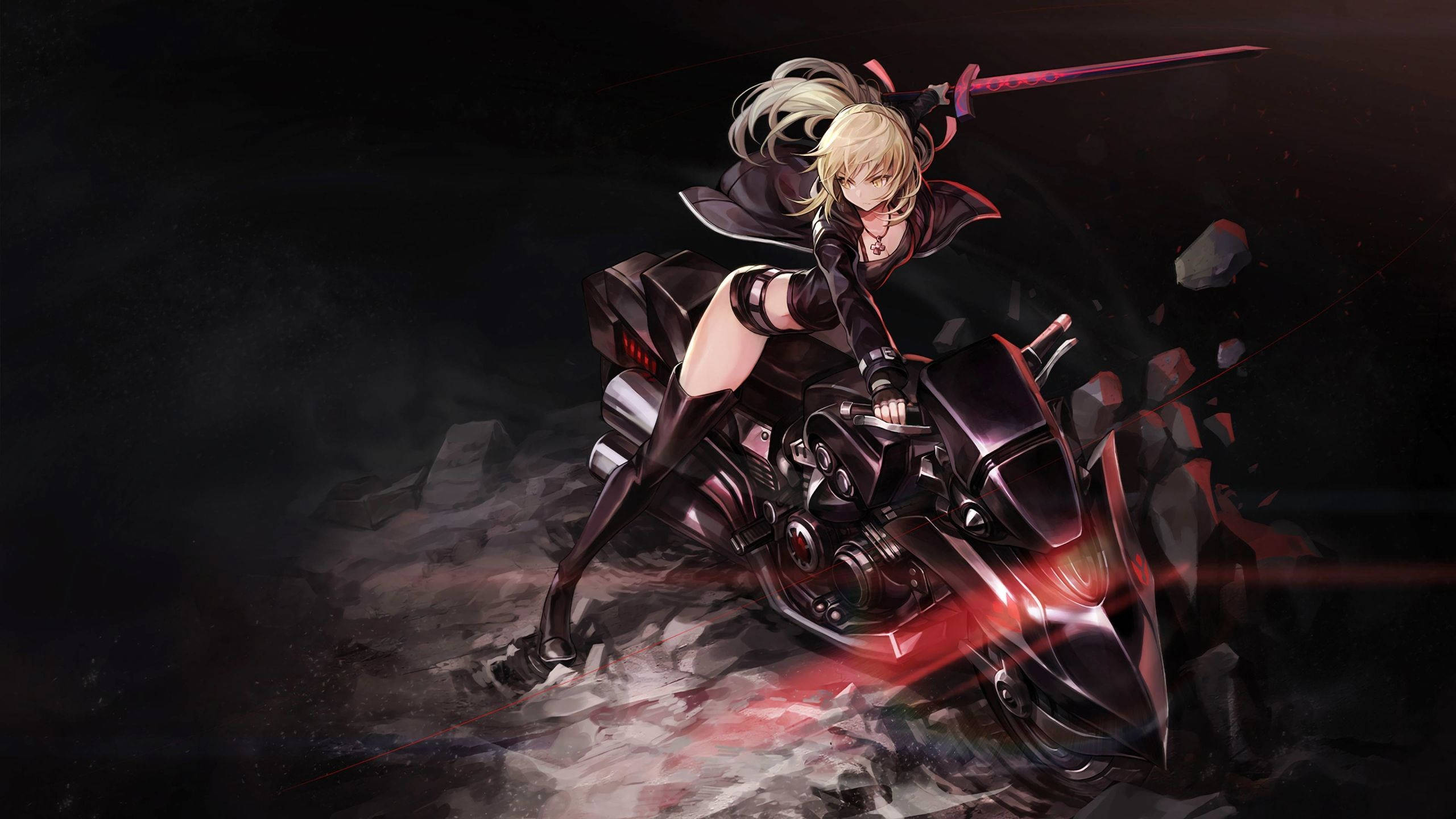 A blonde anime girl in black armor rides a futuristic motorcycle through shattered rocks with a glowing red sword raised., 2K Desktop Wallpaper