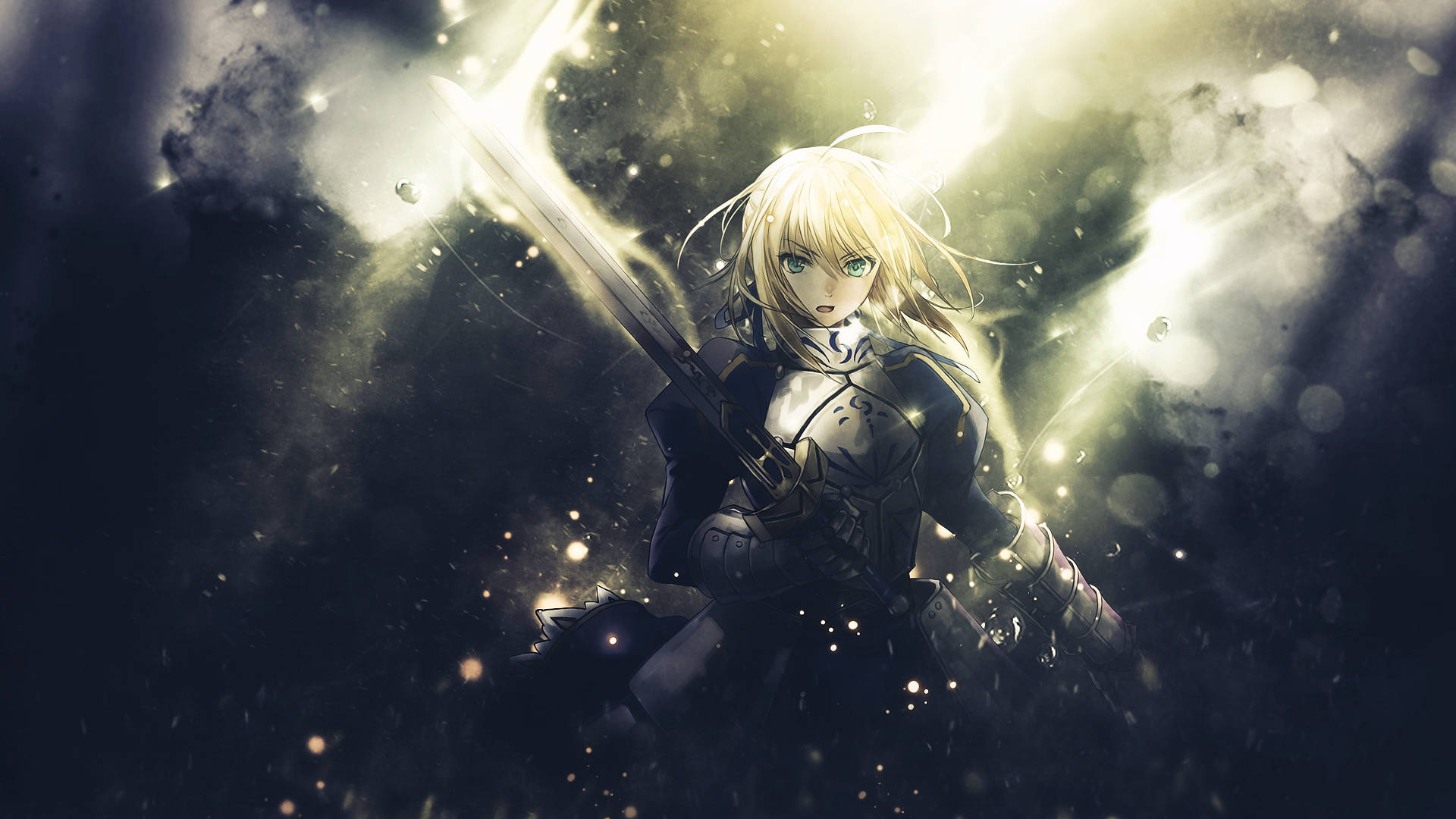 A blonde anime warrior in armor wields a glowing sword amidst dark clouds and golden light particles., Full HD Desktop Wallpaper