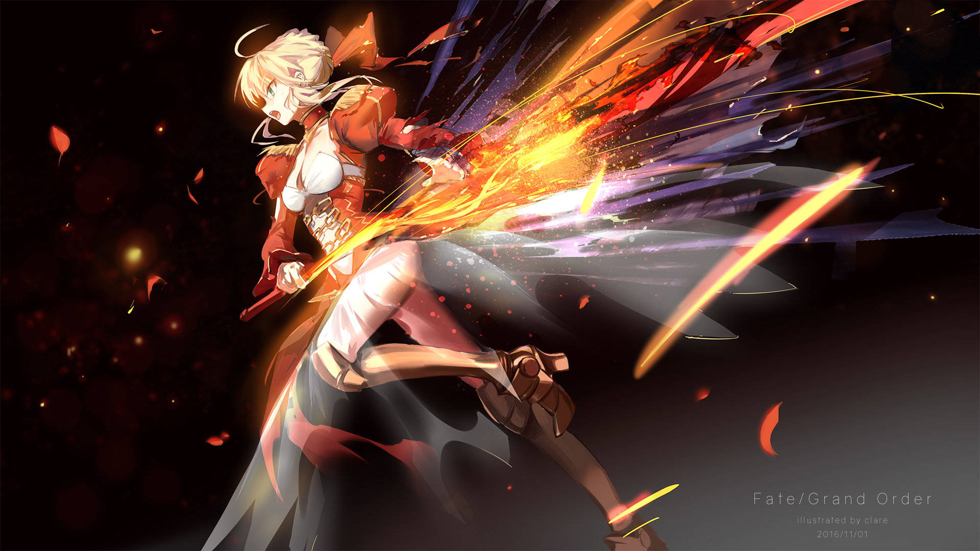 A blonde anime girl in red armor slashes with a glowing sword, sending fiery energy and petals flying against a dark background., Full HD Desktop Wallpaper