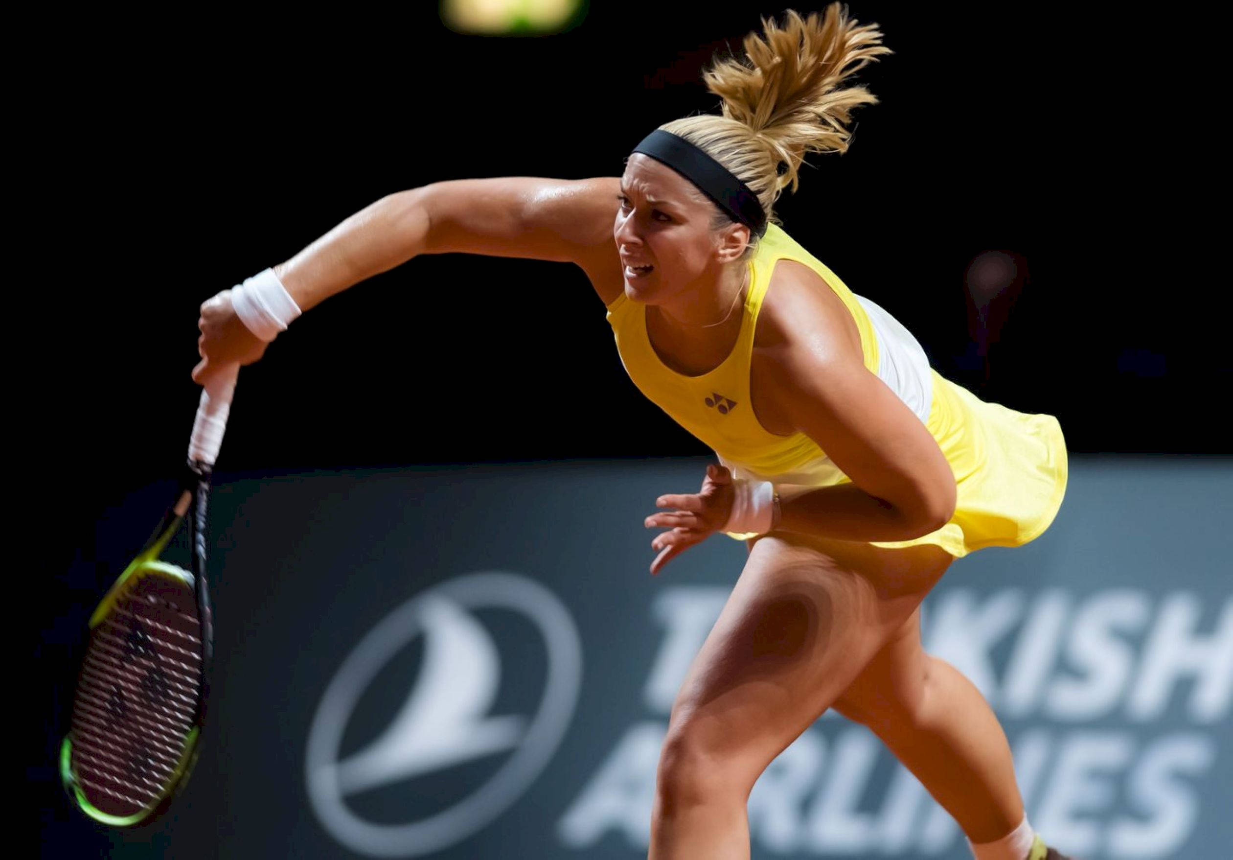 Sabine Lisicki, yellow tennis dress, stadium lights, Full HD Desktop Wallpaper