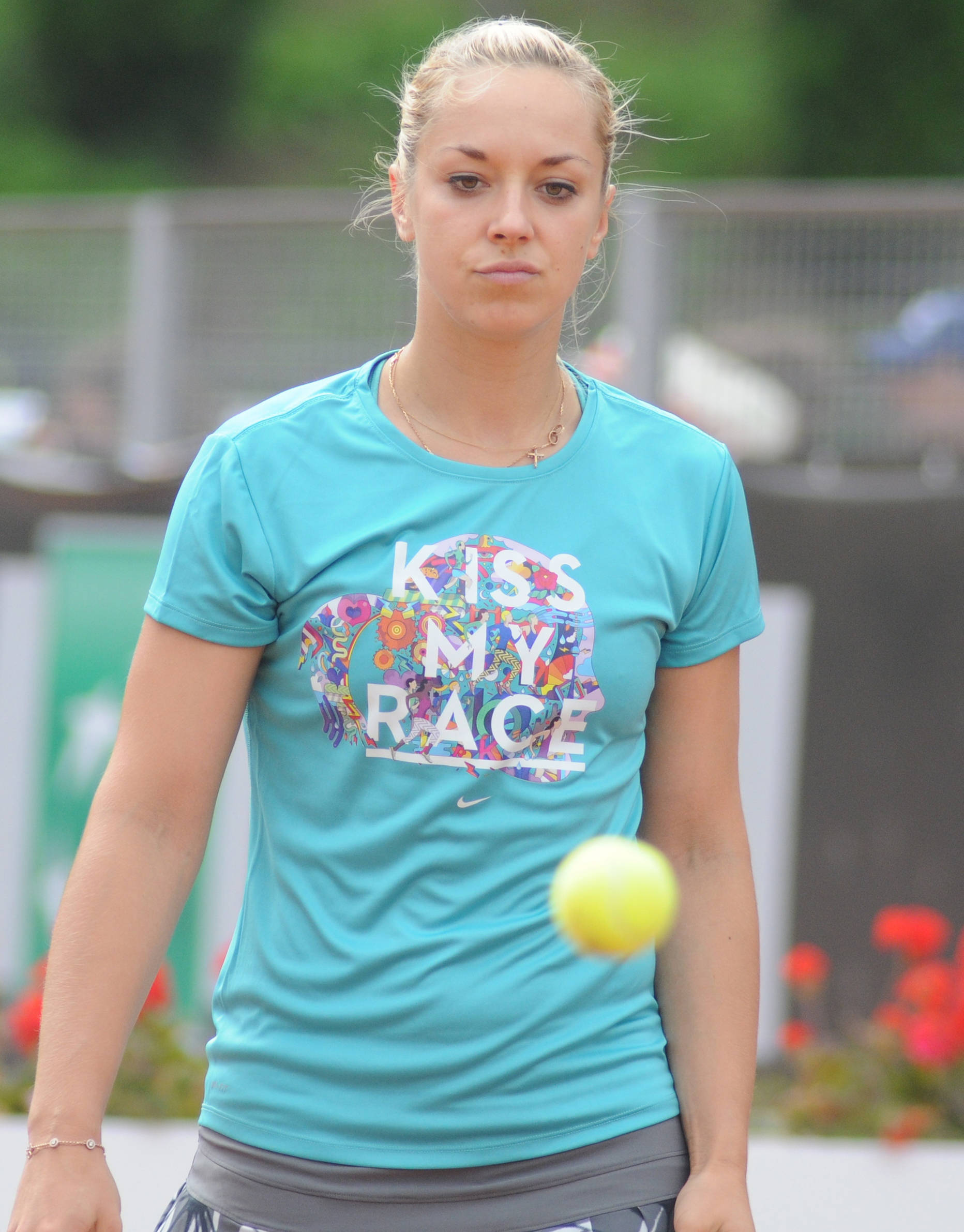 Sabine Lisicki, turquoise shirt, floral 'KISS MY RACE' graphic, Full HD Phone Wallpaper