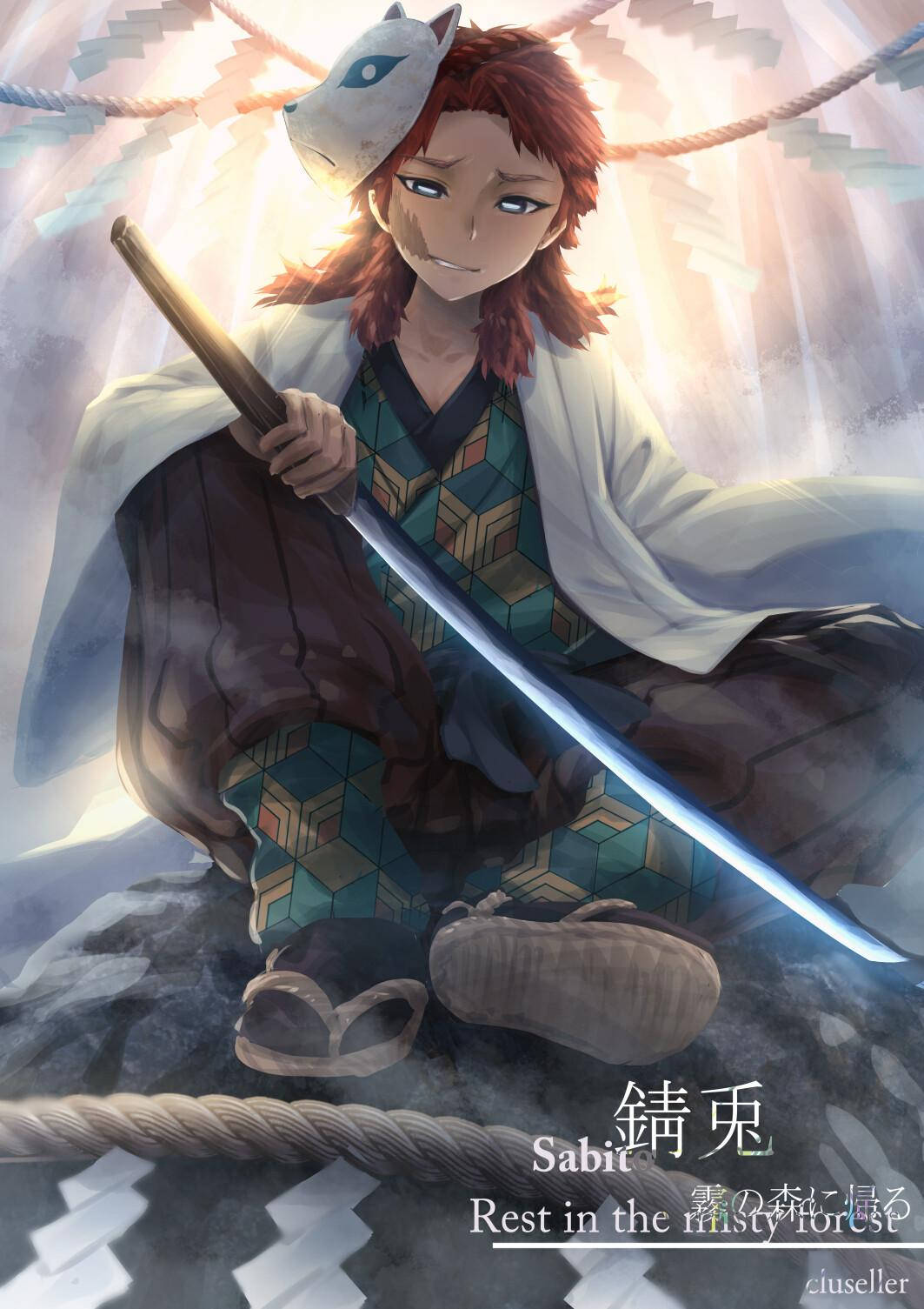 Sabito, red-haired anime warrior, fox mask, HD Phone Wallpaper
