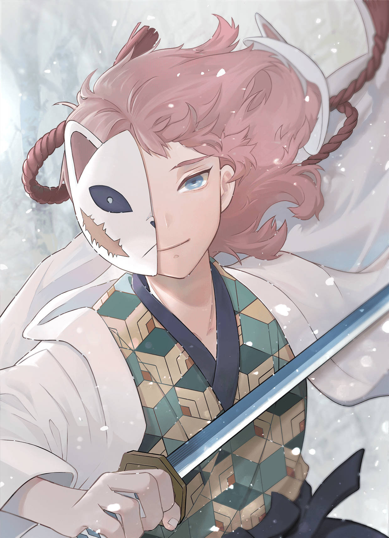 Sabito, pink-haired anime warrior, fox mask, HD Phone Wallpaper