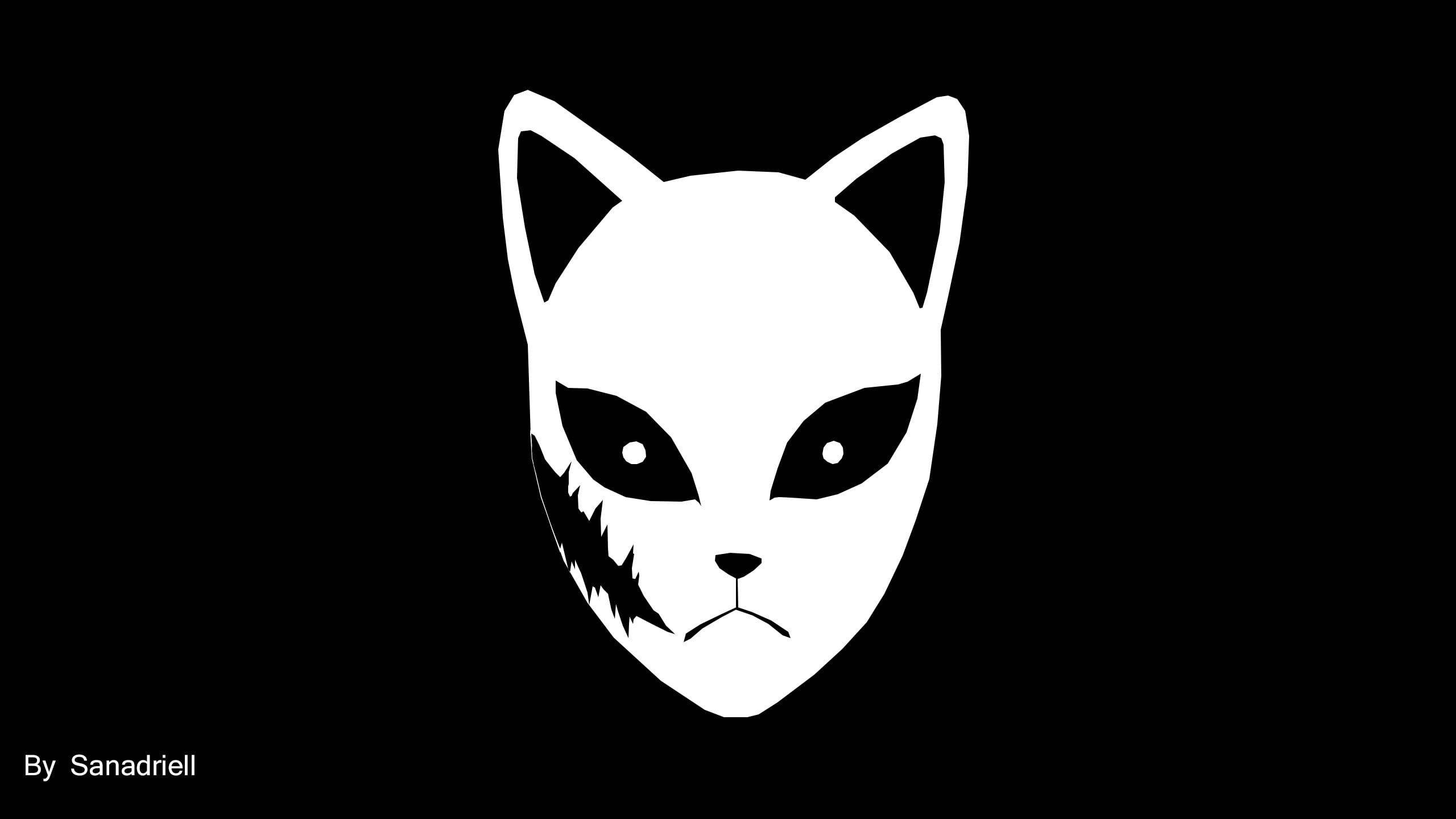 Sabito, white stylized cat face, sharp teeth, 2K Desktop Wallpaper