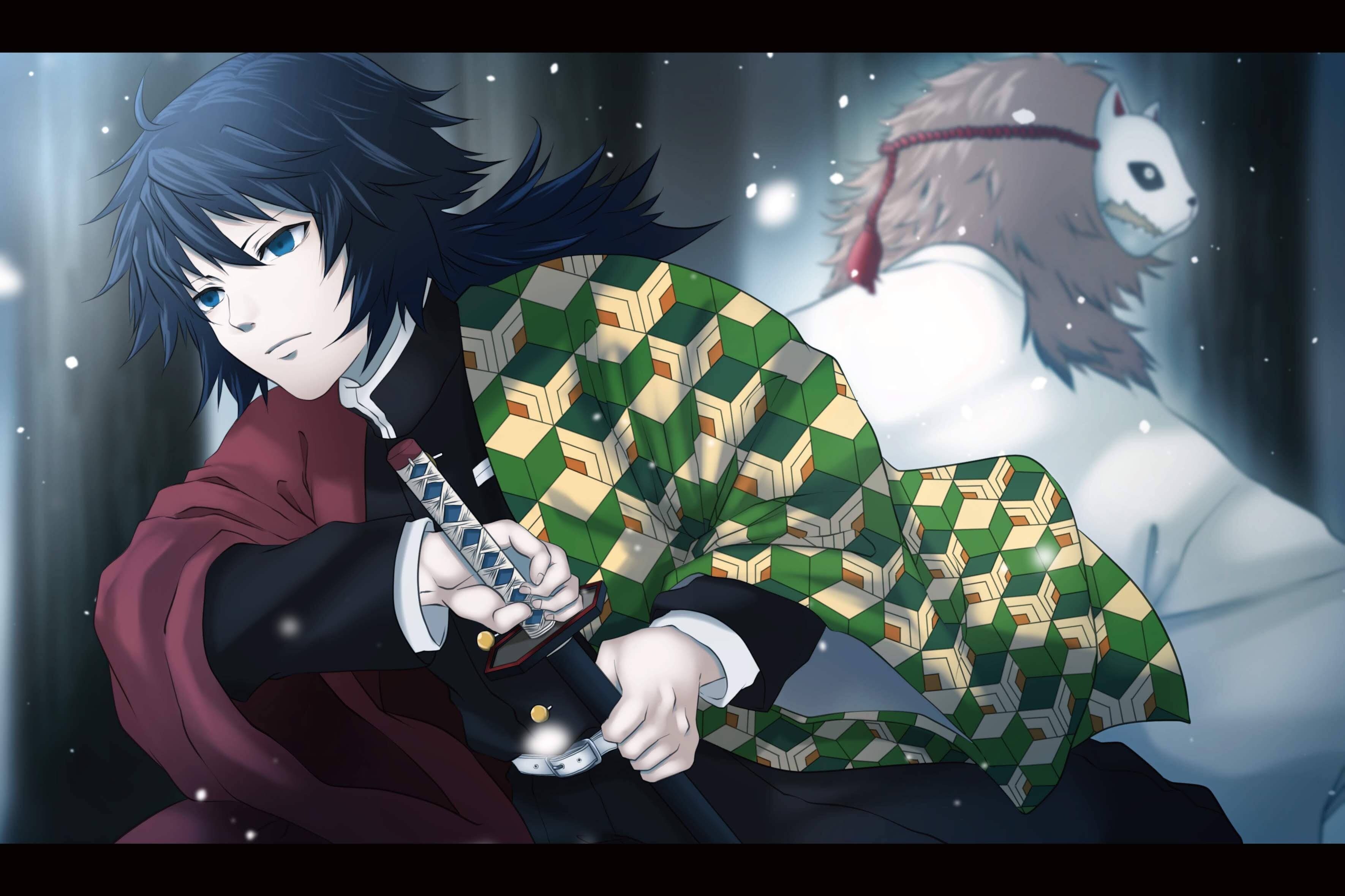 Sabito, green patterned haori, snow, 2K Desktop Wallpaper