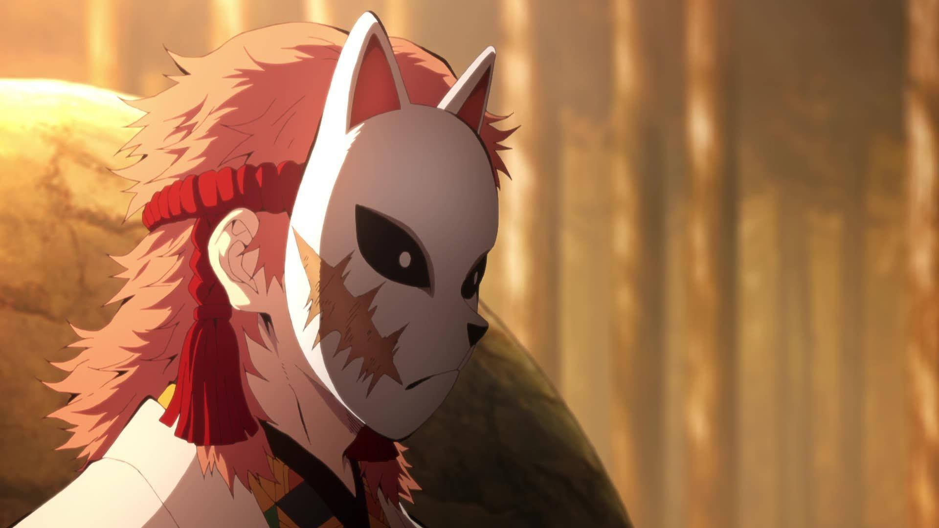Sabito, fox-masked anime character, fiery orange hair, Full HD Desktop Wallpaper