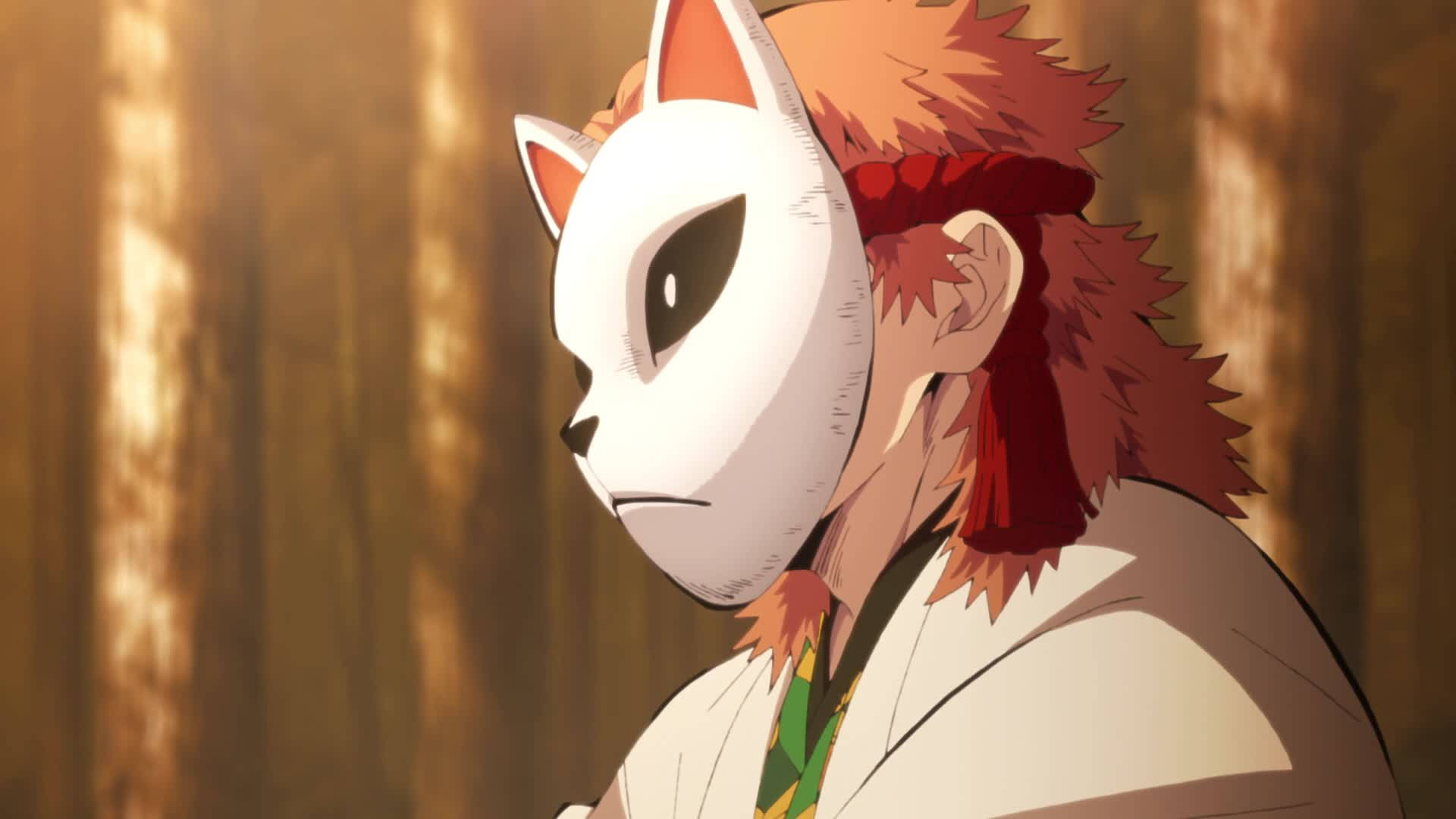 Sabito, fox-masked anime character, fiery red hair, Full HD Desktop Wallpaper