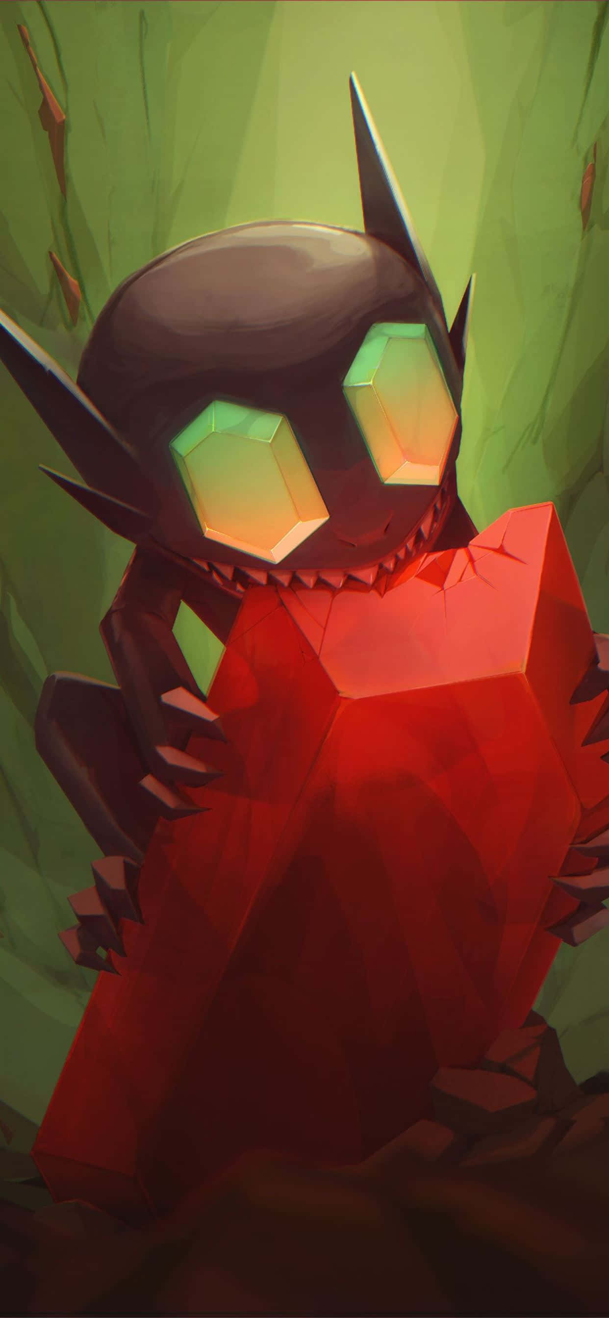 Sableye, red creature, glowing green hexagonal eyes, 2K Phone Wallpaper