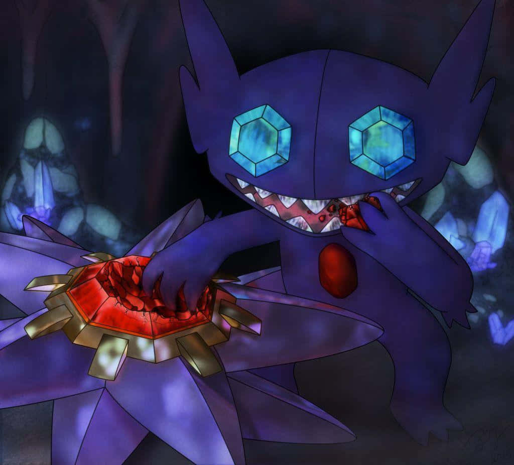 Sableye, purple anime creature, glowing blue hexagonal eyes, SD Desktop Wallpaper