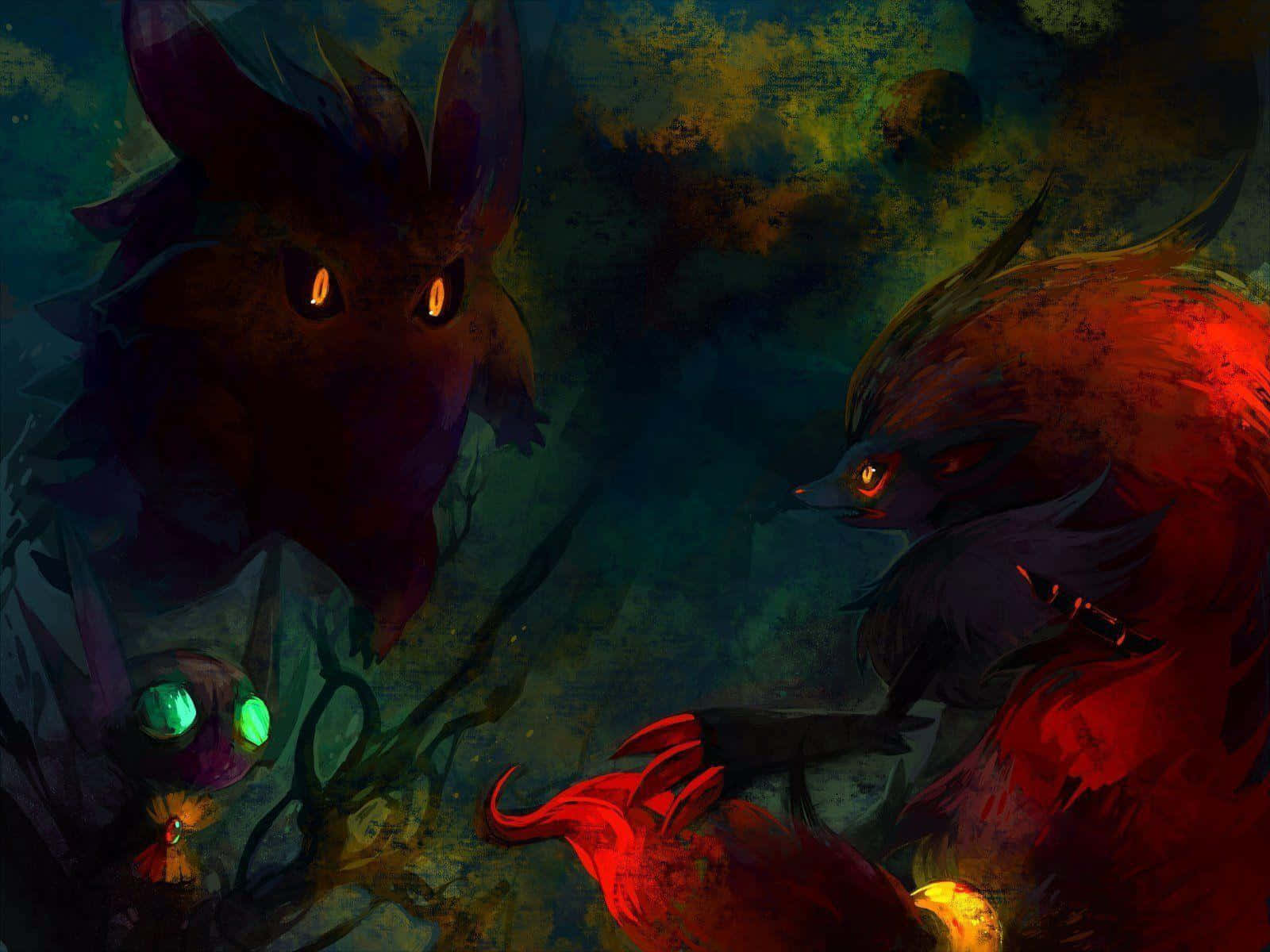 Sableye, dark mystical forest, glowing eyes, HD Desktop Wallpaper