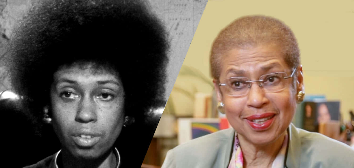 Split portrait of Audre Lorde youthful black and white image with afro beside her later life color photo with glasses and short hair., HD Desktop Wallpaper