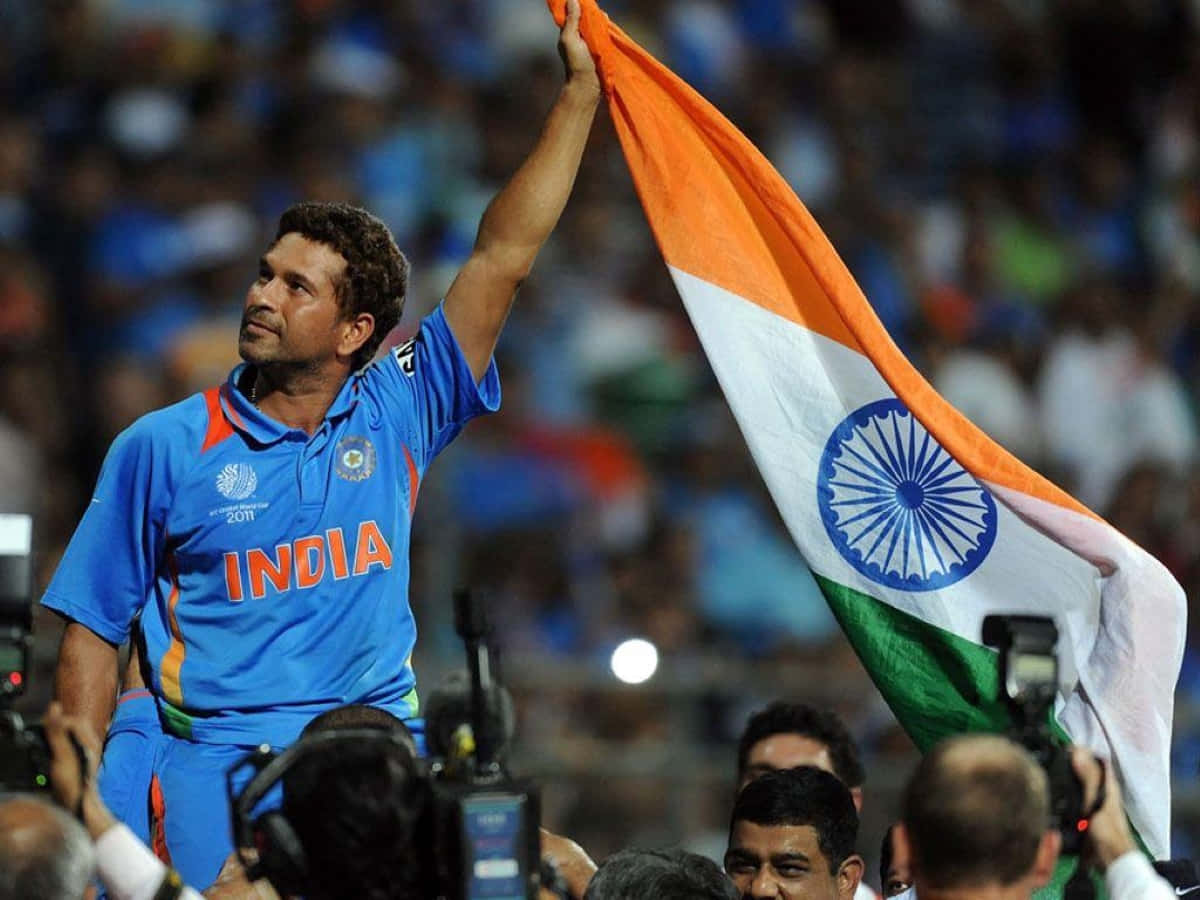 Sachin Tendulkar, blue jersey, tricolor flag, SD Desktop Wallpaper