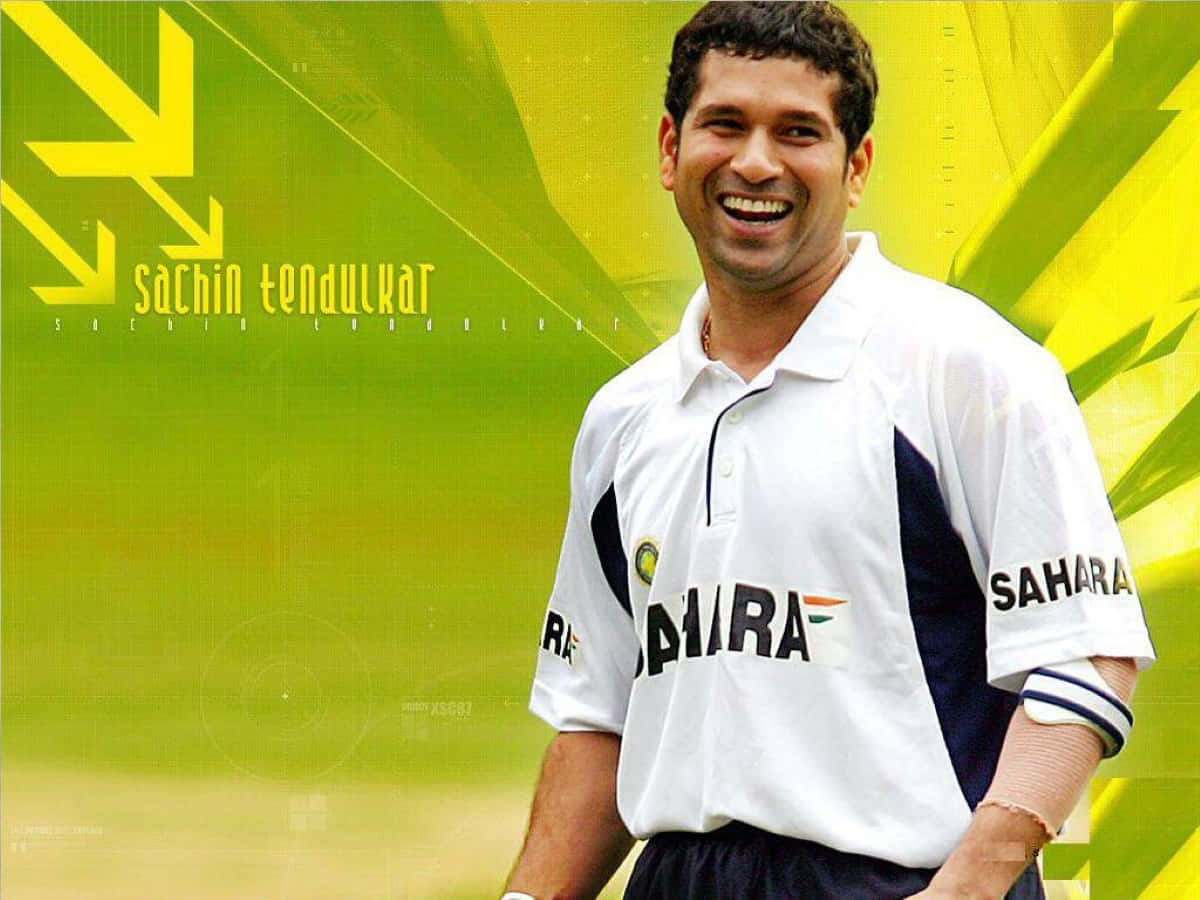Sachin Tendulkar, white cricket jersey, vibrant green and yellow graphic background, SD Desktop Wallpaper