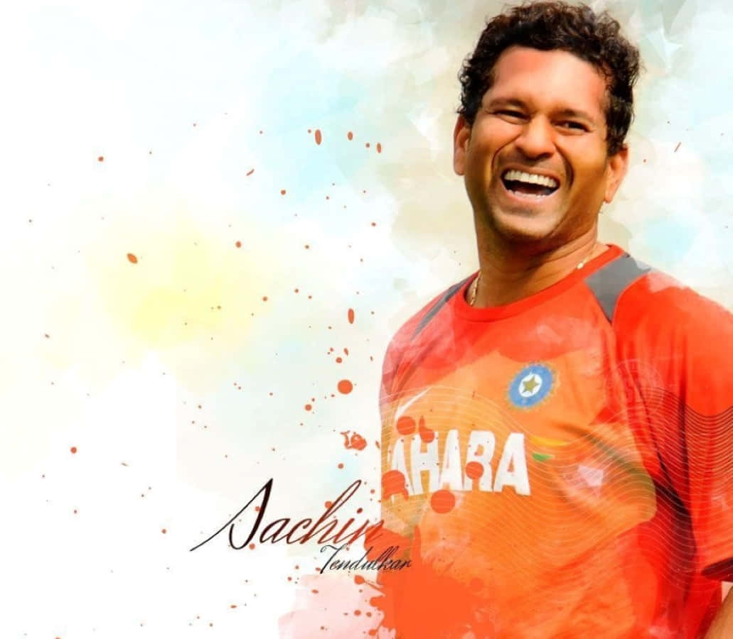 Sachin Tendulkar, orange jersey, watercolor splashes, SD Desktop Wallpaper