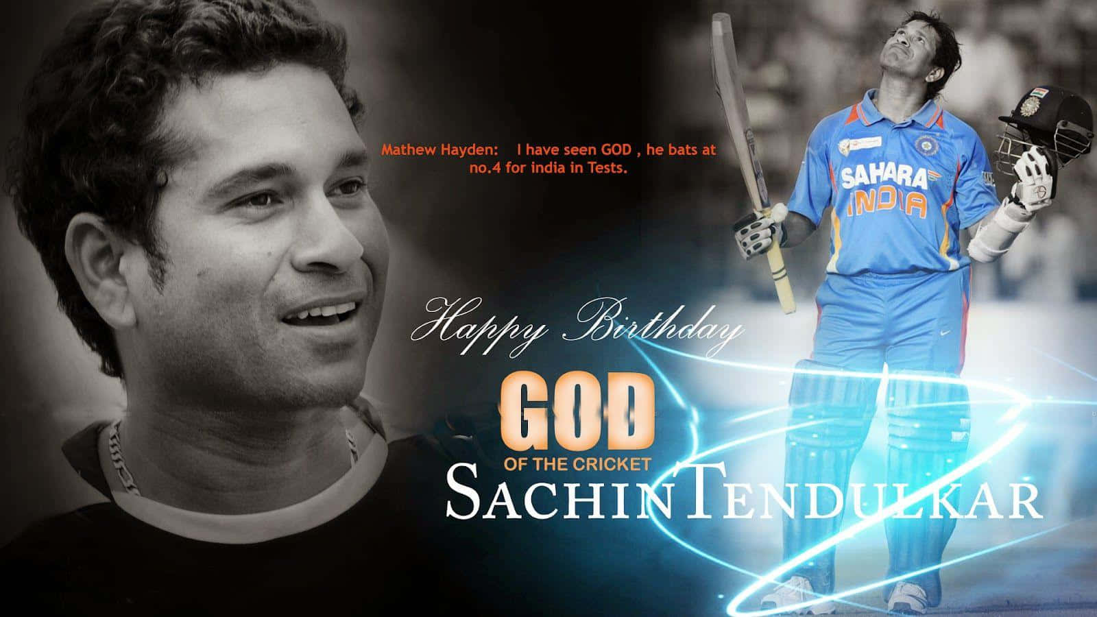 Sachin Tendulkar, black and white portrait, glowing blue cricket player graphic, HD Desktop Wallpaper