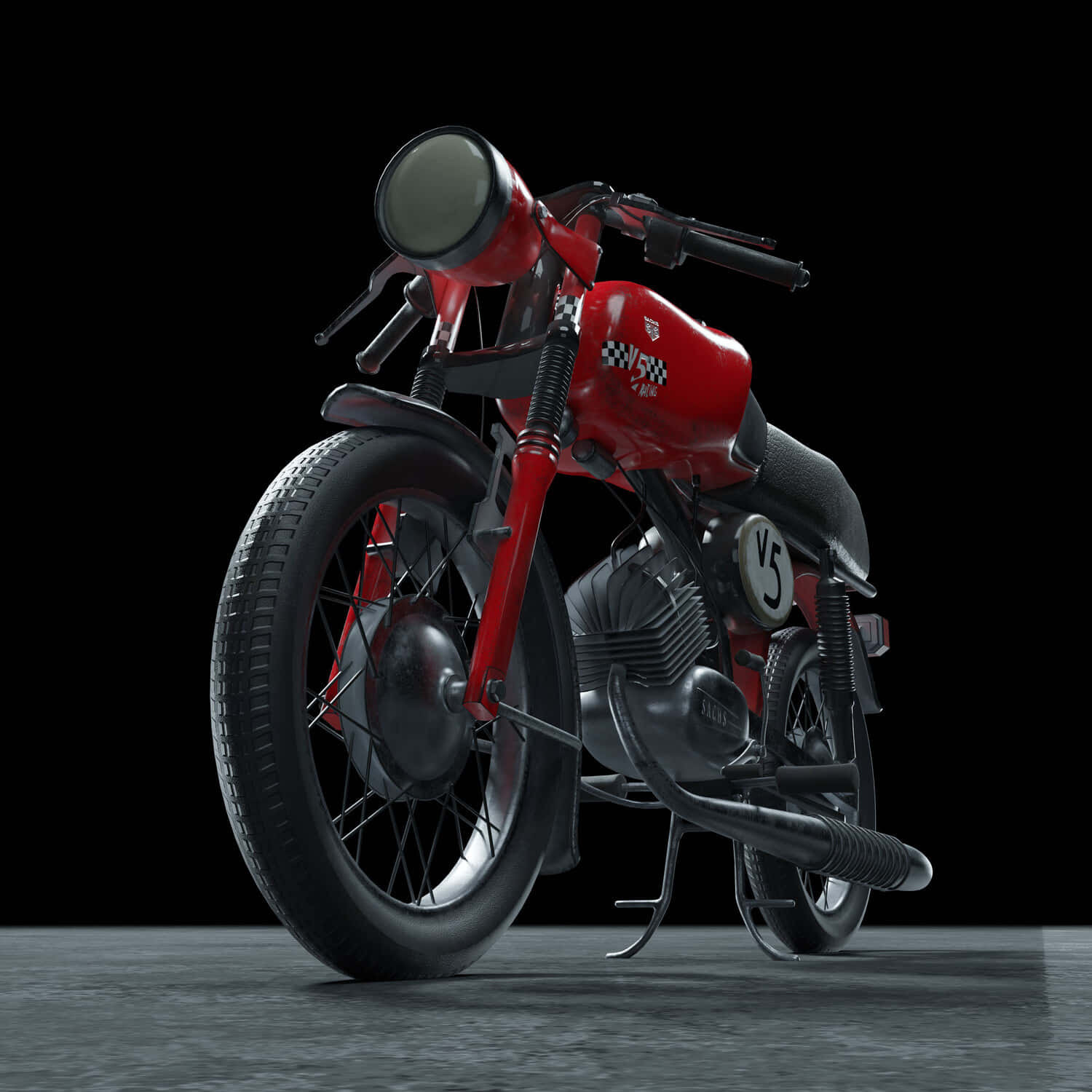 A sleek red vintage racing motorcycle with checkered decals stands poised on a dark studio floor against a black backdrop., HD Desktop Wallpaper