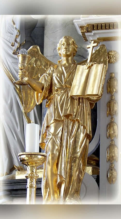 sacrament, golden angel statue, chalice, SD Phone Wallpaper