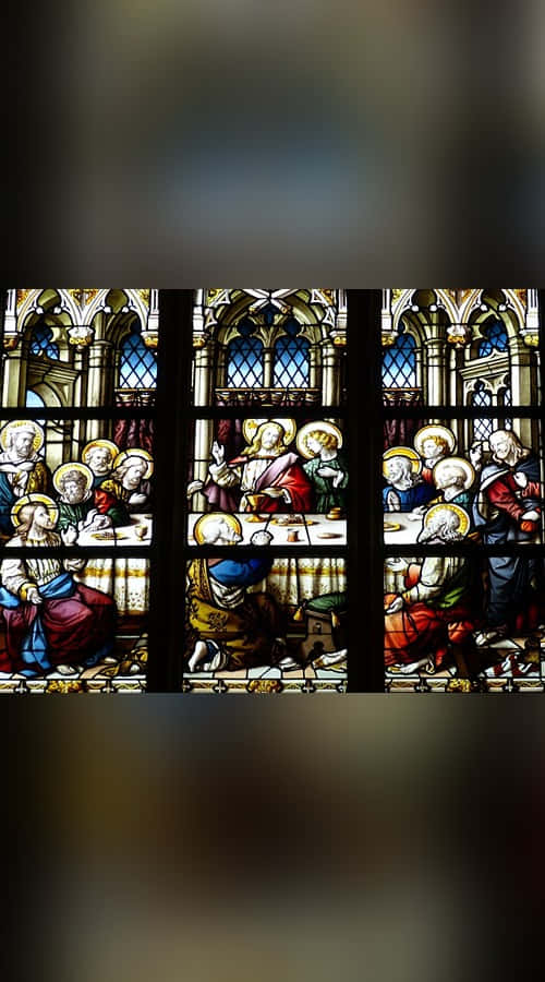 Sacrament, medieval stained glass window, haloed figures, SD Phone Wallpaper