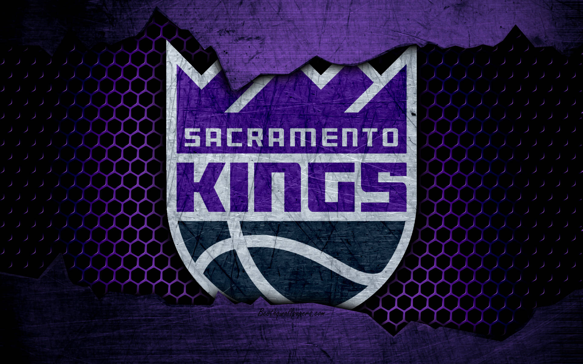 Sacramento Kings, basketball logo, torn purple hexagonal mesh, Full HD Desktop Wallpaper