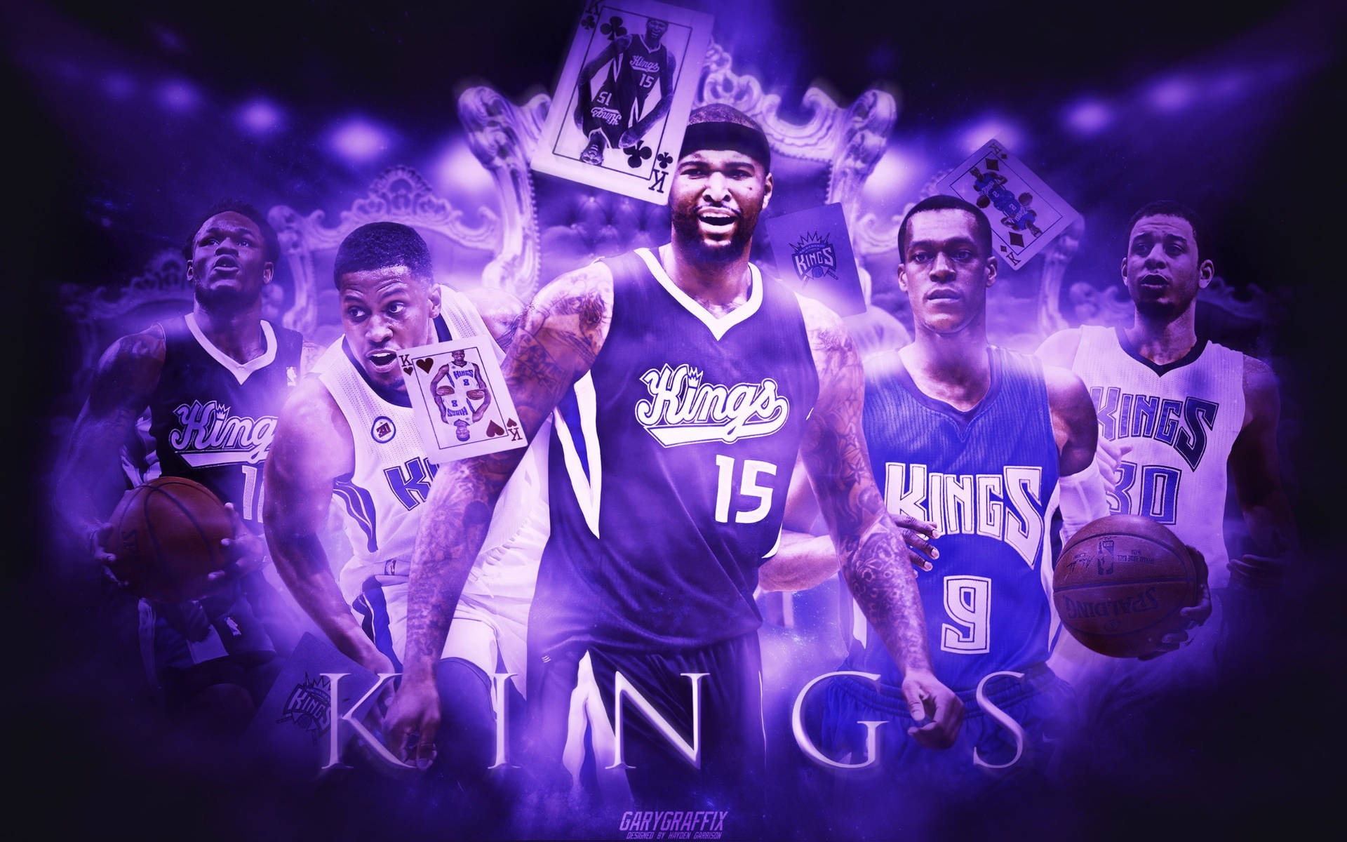 Sacramento Kings, glowing purple background, floating playing cards, Full HD Desktop Wallpaper