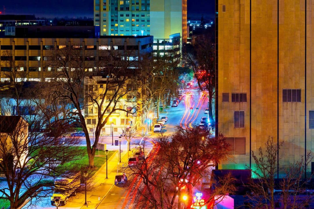 Sacramento, neon lights, nighttime cityscape, SD Desktop Wallpaper