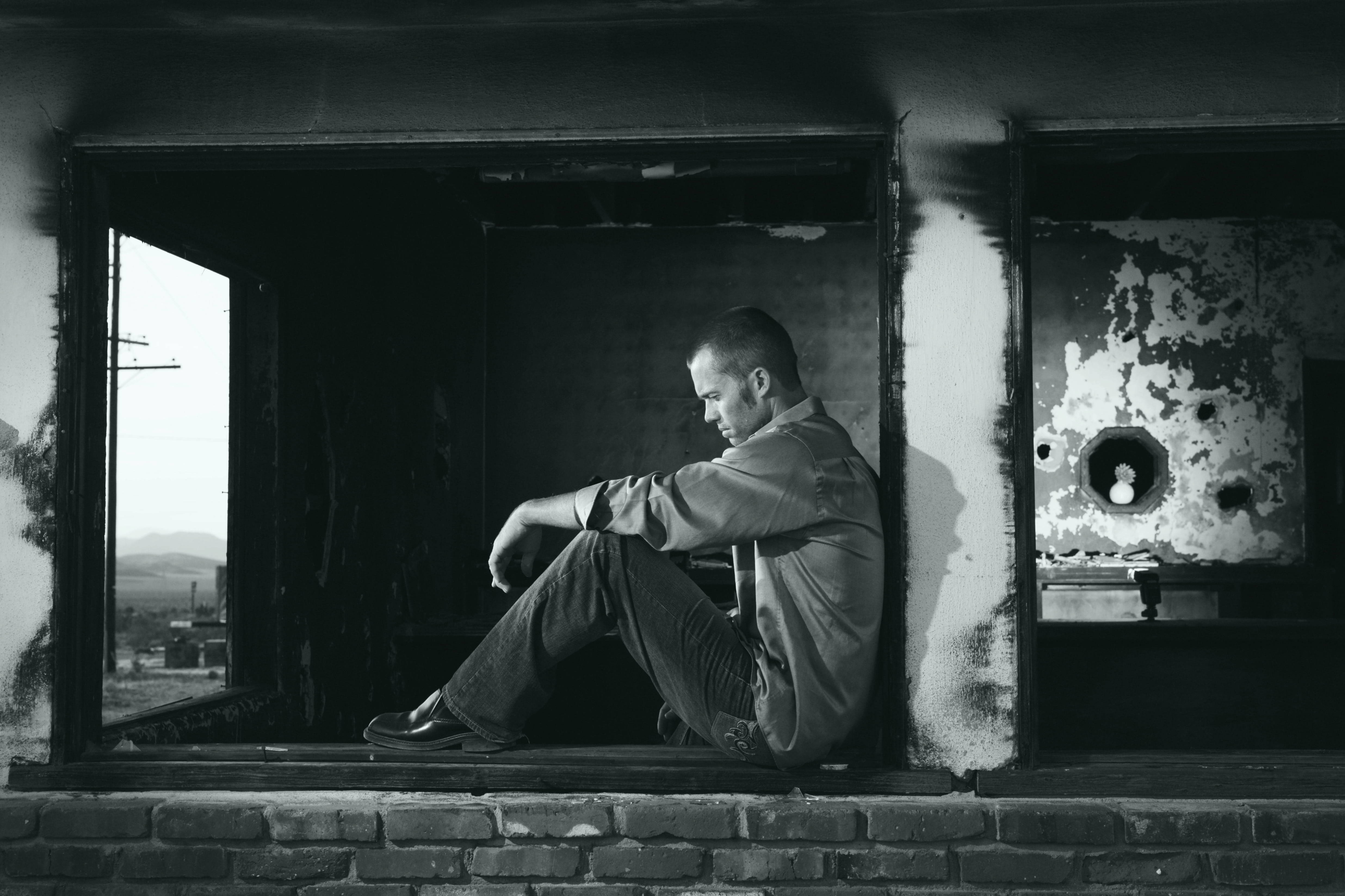 man, broken window, dilapidated room, 4K Desktop Wallpaper