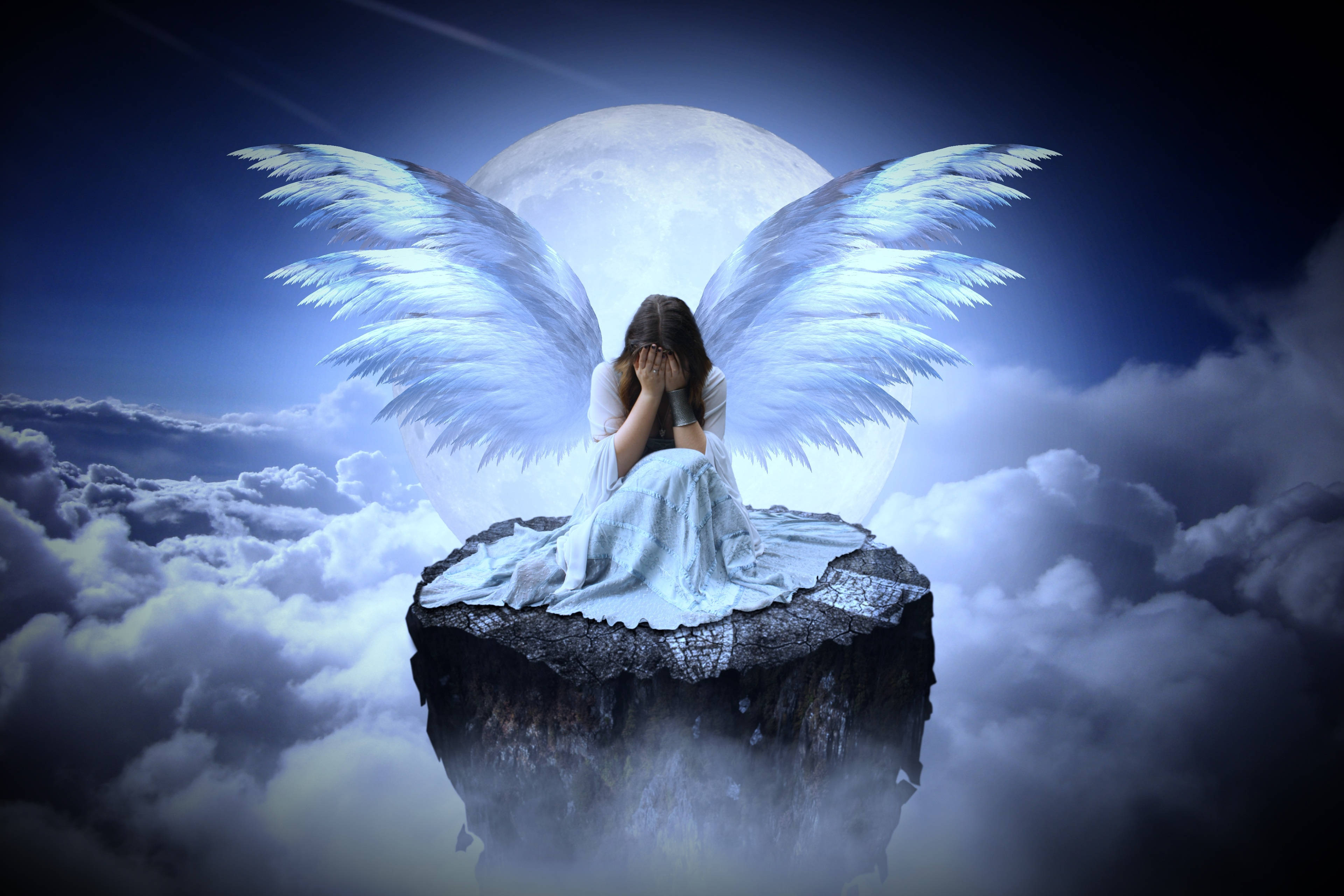 crying angel, glowing white wings, floating rock, 4K Desktop Wallpaper