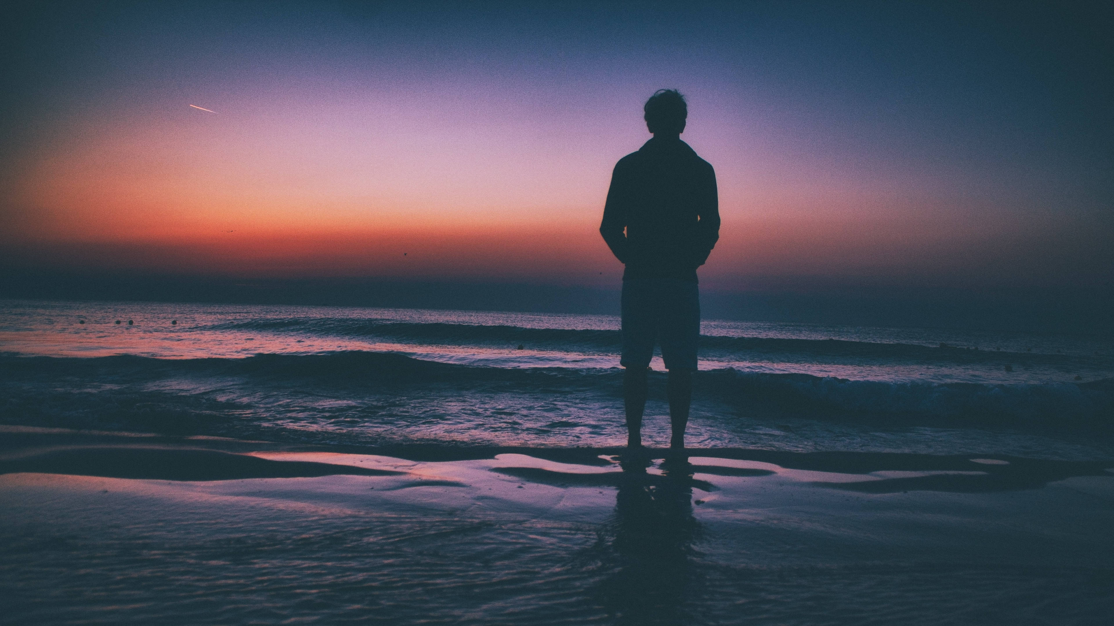 shore, twilight sky, purple, 4K Desktop Wallpaper