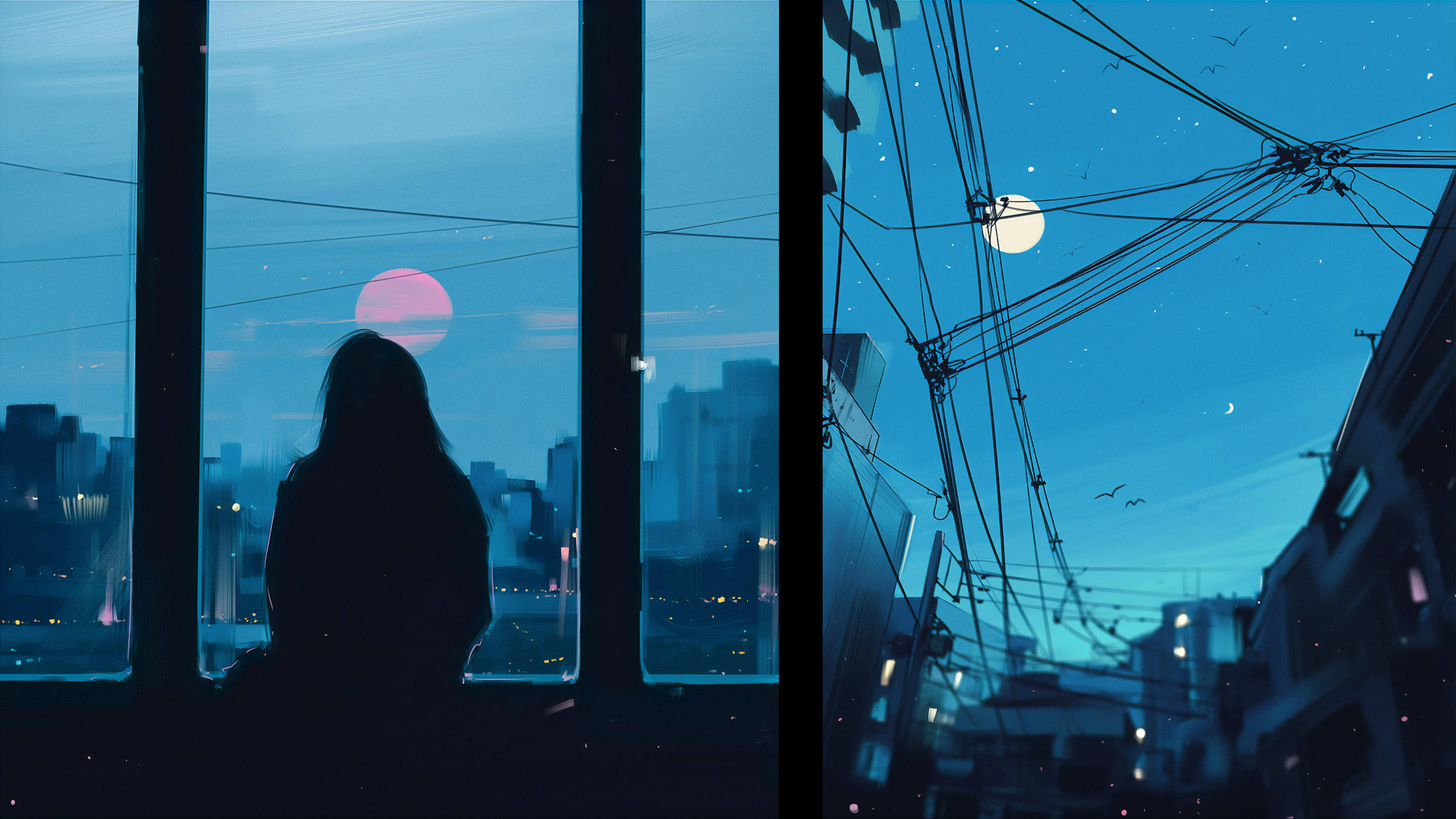 anime girl, window, pink sun, 4K Desktop Wallpaper