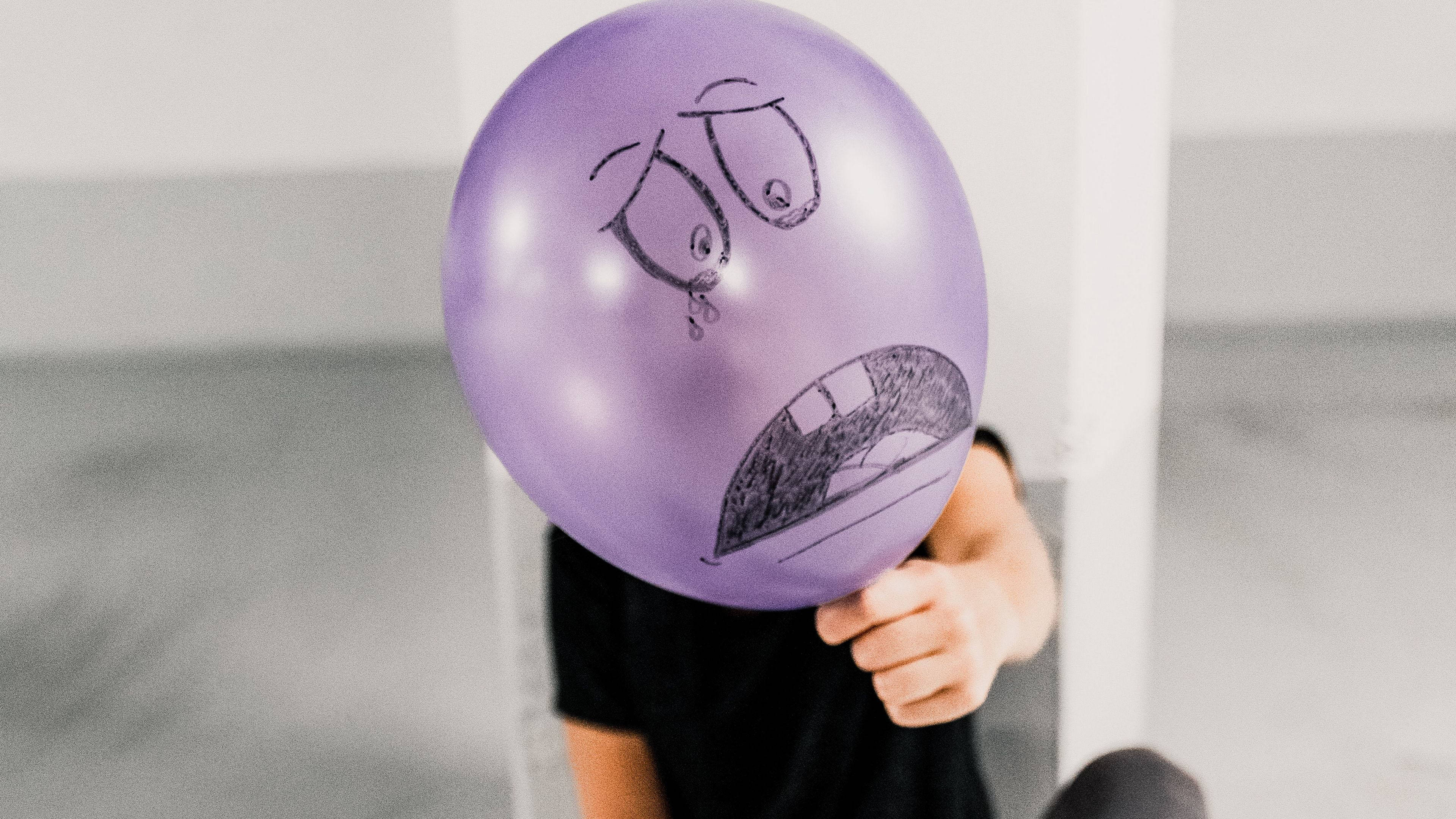 purple balloon, sad face, child, 4K Desktop Wallpaper