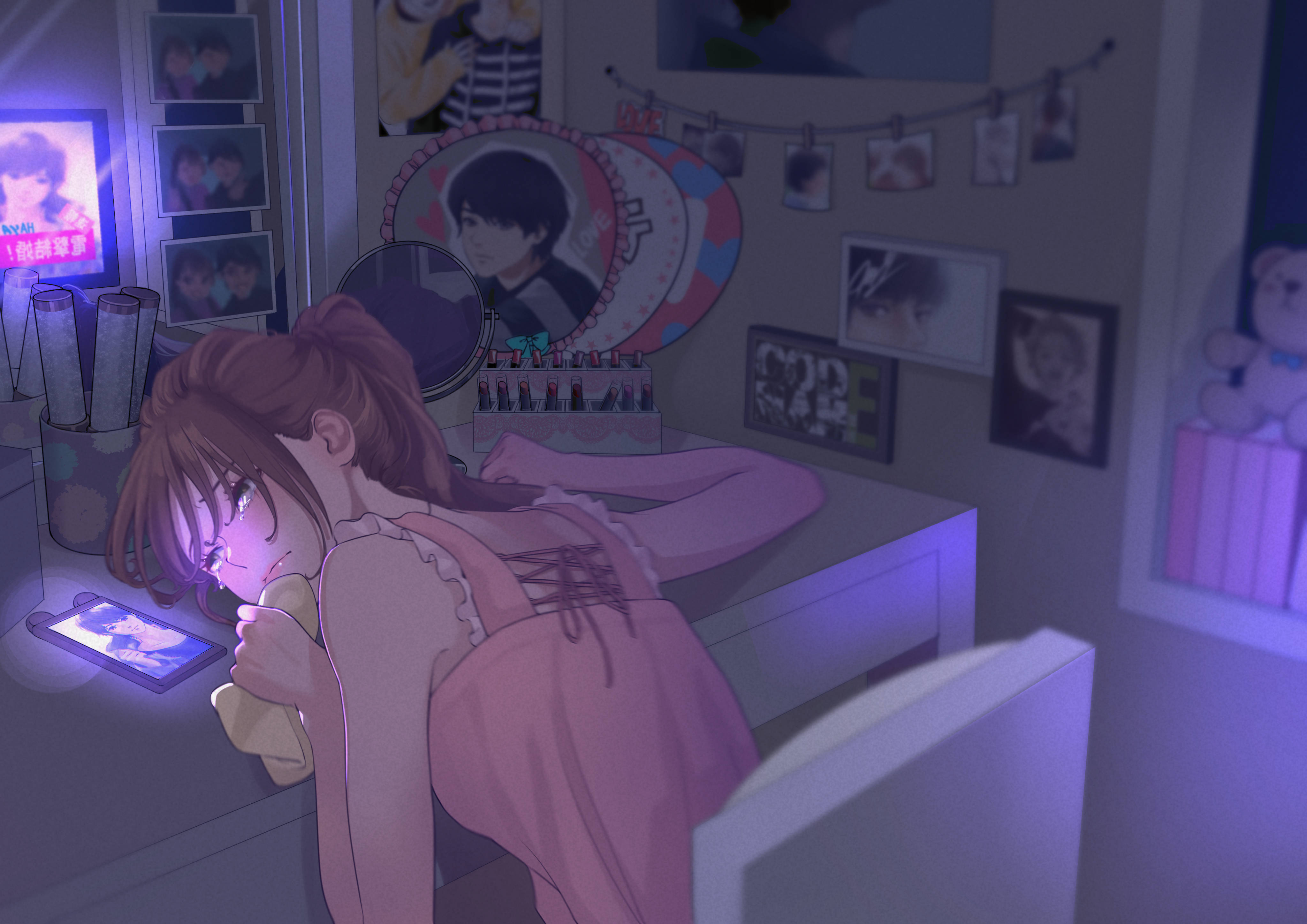 girl, pink pajamas, desk, 4K Desktop Wallpaper