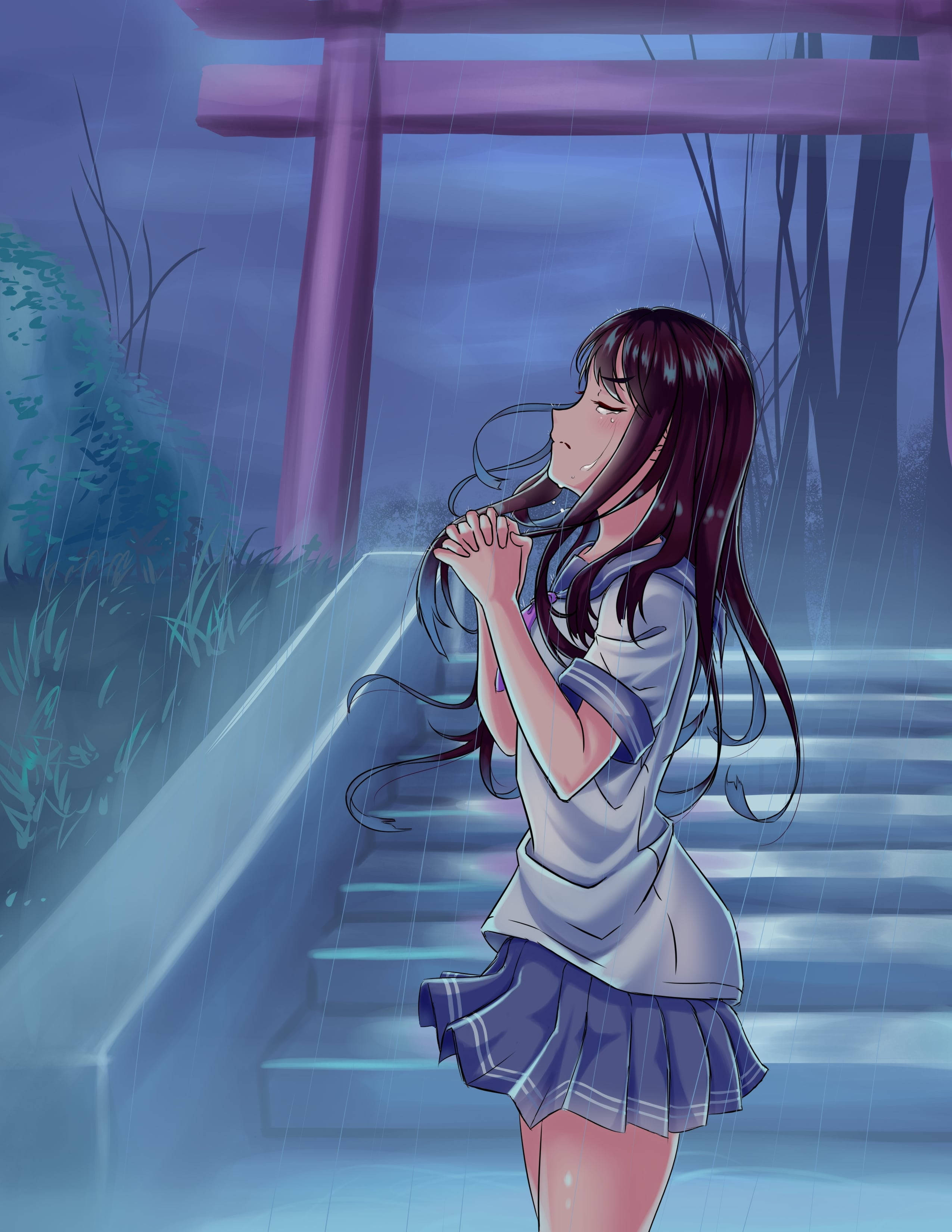 praying sad aesthetic anime girl, school uniform, rain-slicked steps, 2K Phone Wallpaper