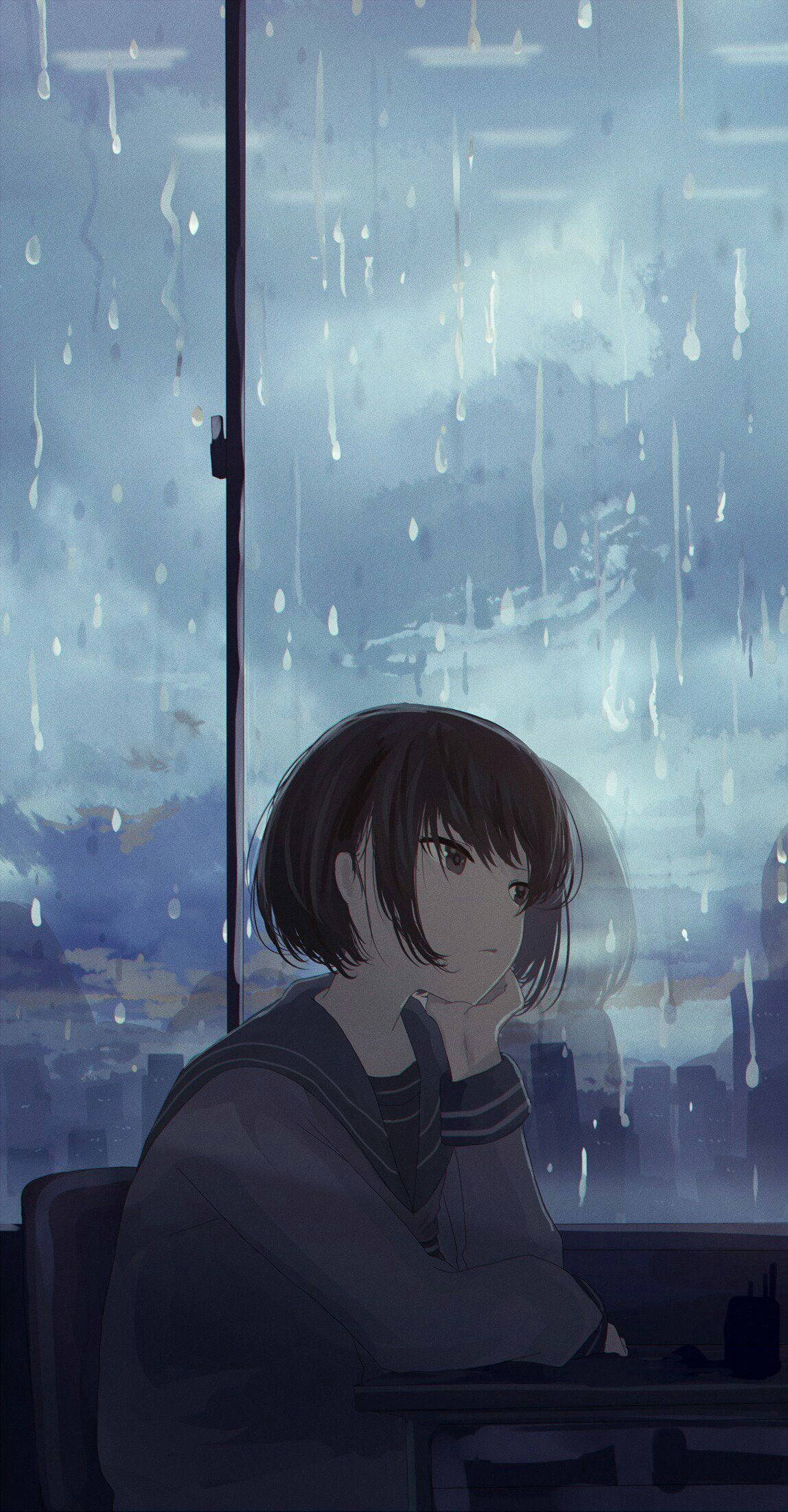 sad aesthetic anime girl, rainy window, school uniform, Full HD Phone Wallpaper