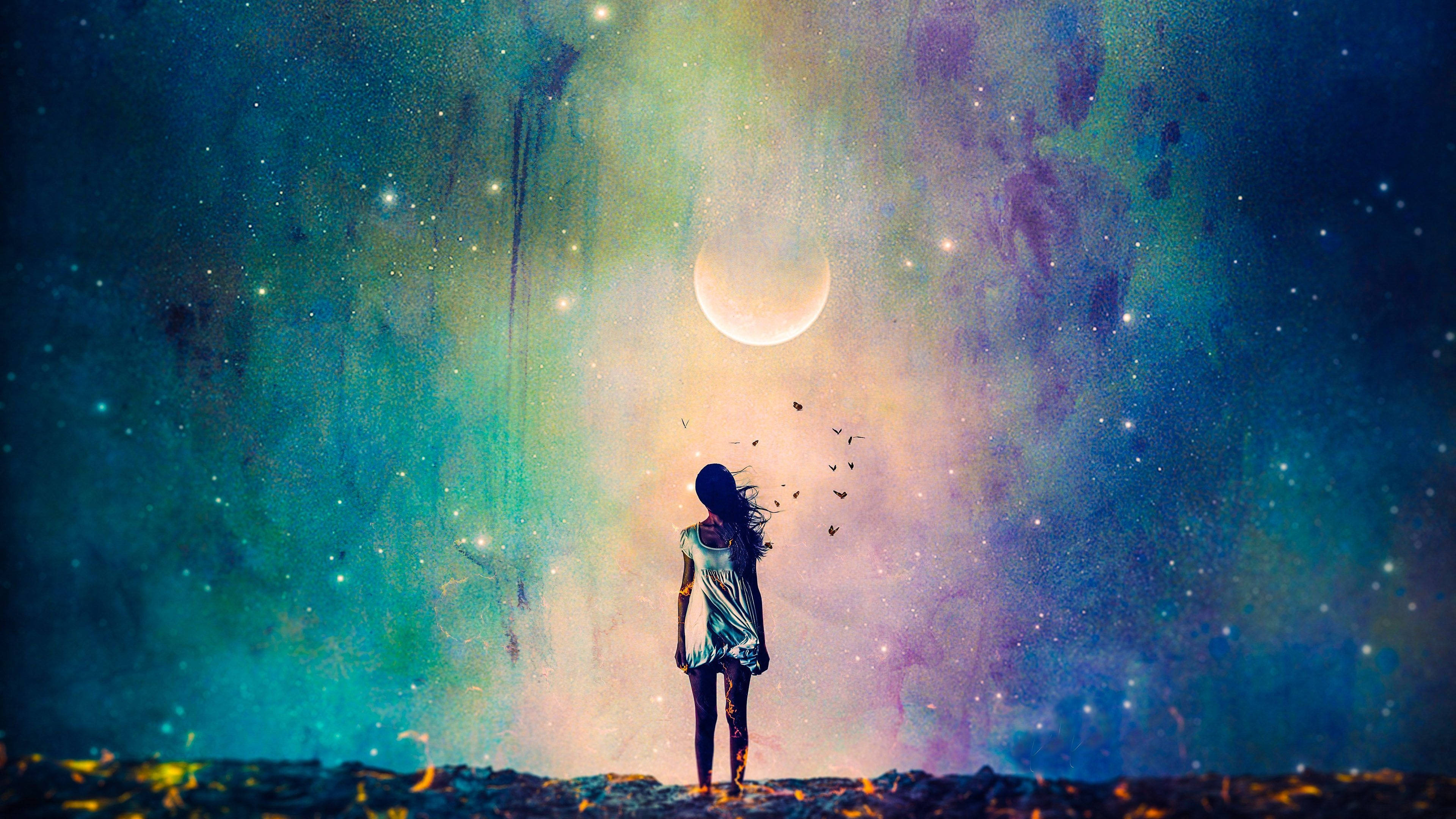 anime girl, crescent moon, rocky shore, 4K Desktop Wallpaper