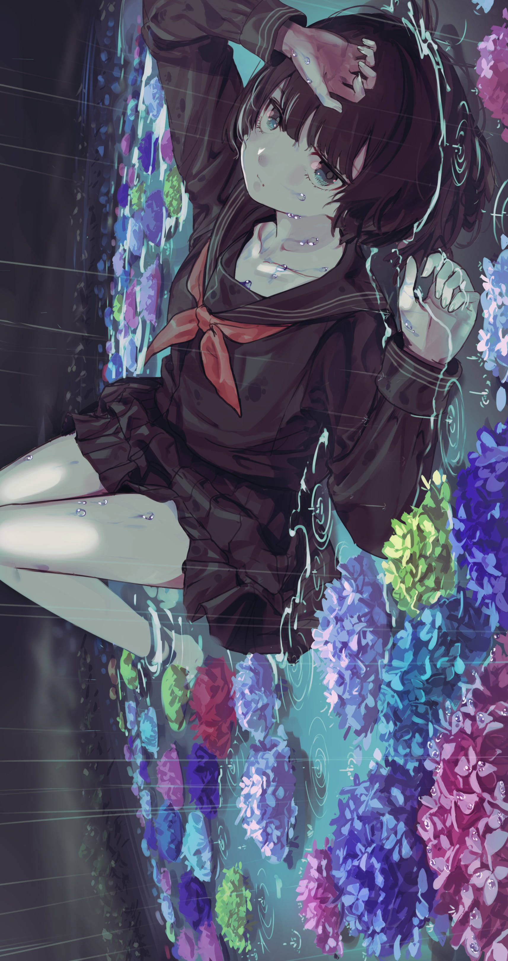 sad aesthetic anime girl, rainy flowers, dark sailor uniform, 2K Phone Wallpaper