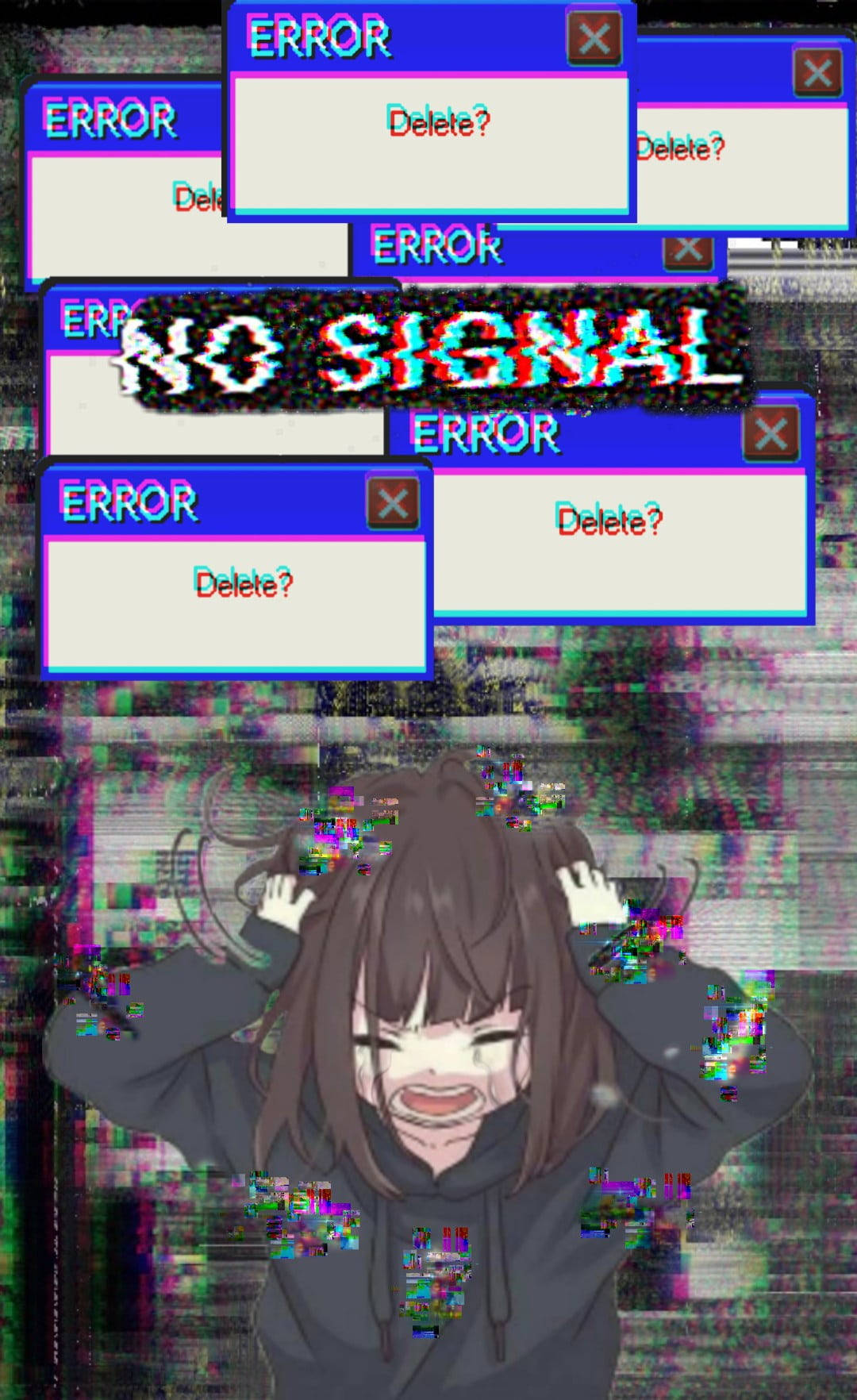 Sad Aesthetic Anime Girl, glitching error pop-ups, NO SIGNAL text, HD Phone Wallpaper