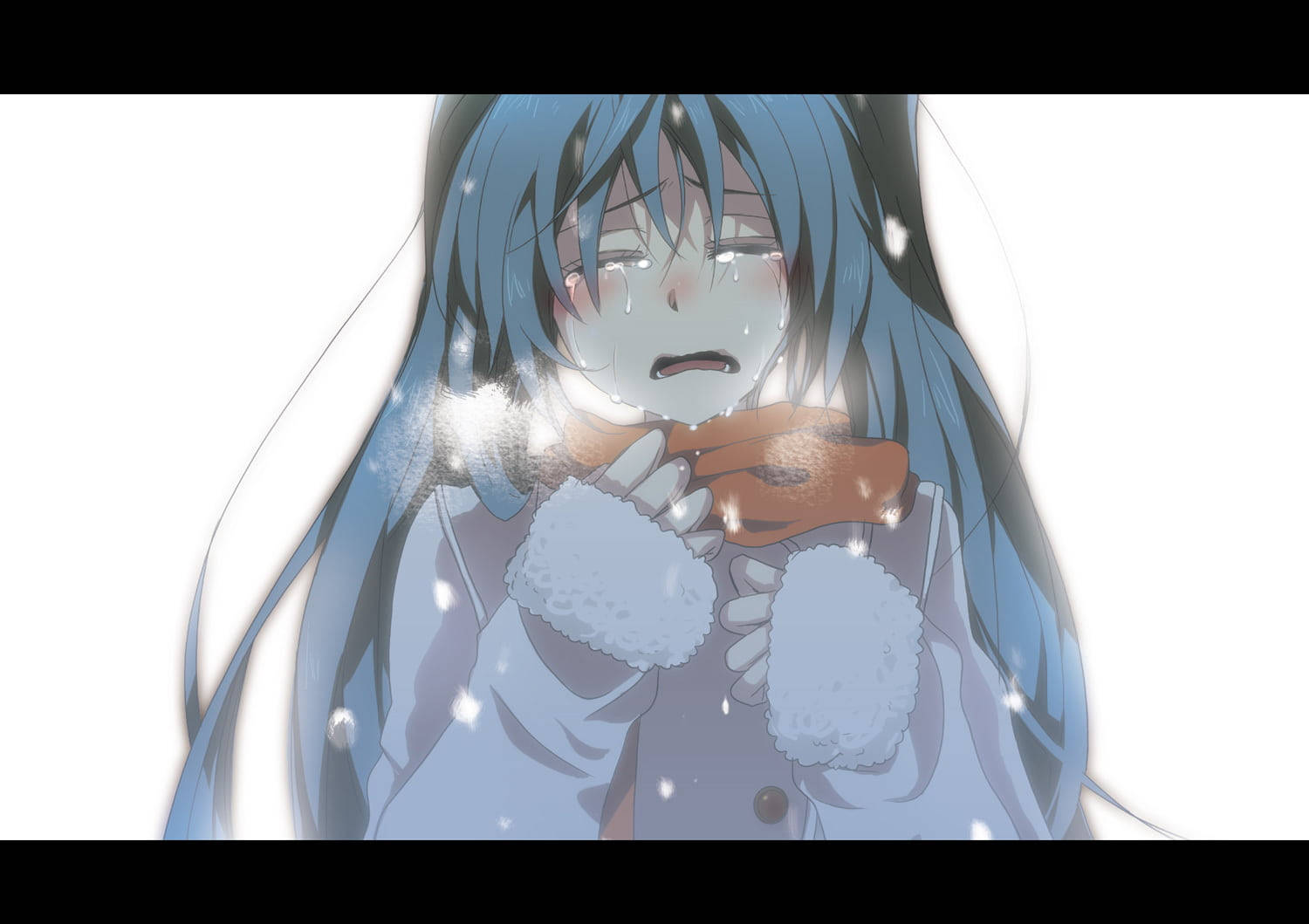 blue-haired anime girl, winter coat, hot drink, HD Desktop Wallpaper