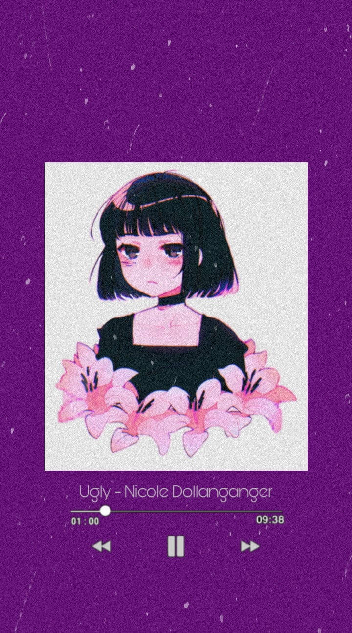 Purple Sad Aesthetic Anime Girl, short black hair, pink lilies, HD Phone Wallpaper