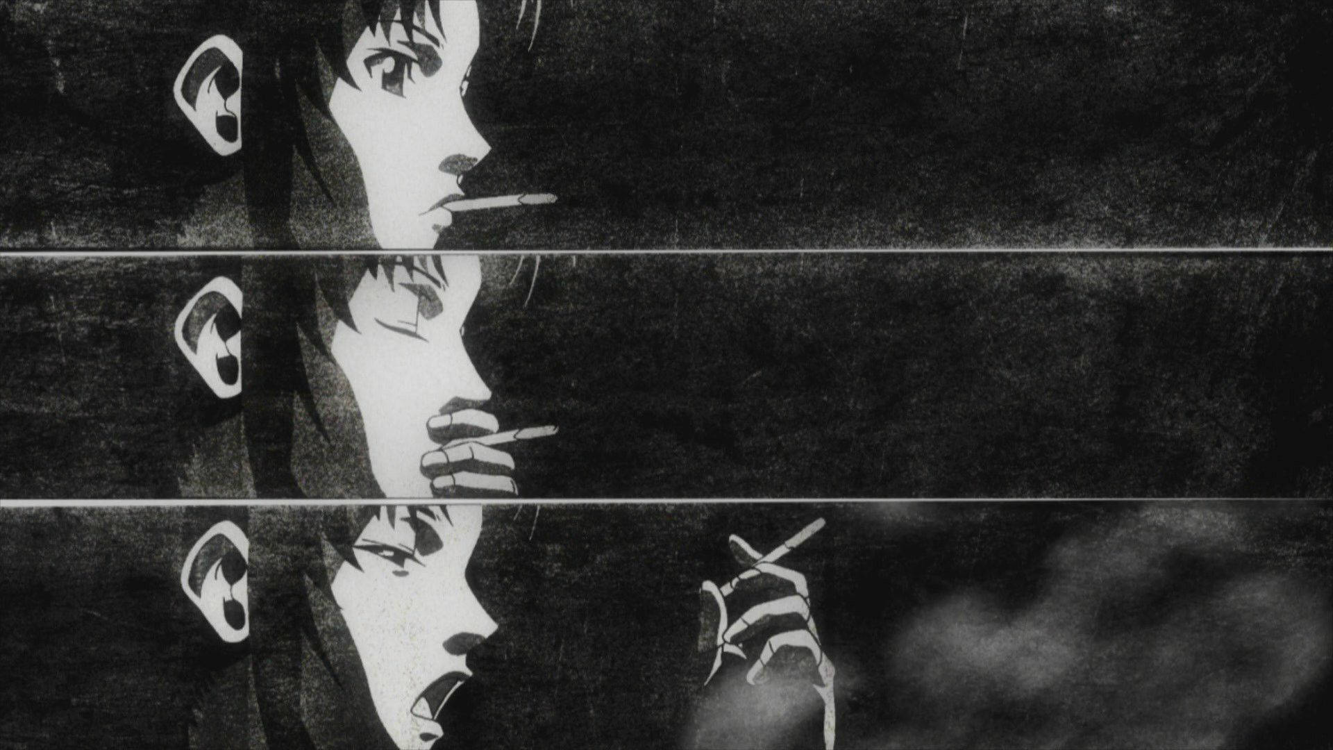 black and white anime portrait, person smoking, three mirrored reflections, Full HD Desktop Wallpaper