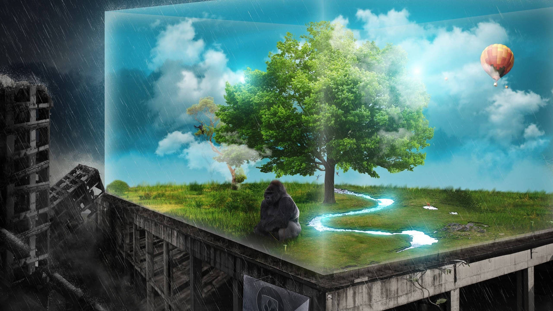 gorilla, vibrant green tree, floating grassy island, Full HD Desktop Wallpaper