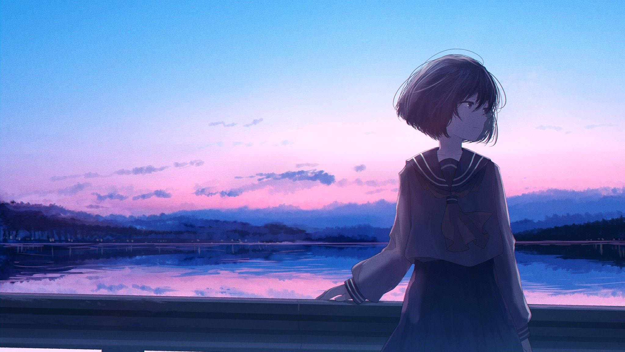 anime girl, sailor uniform, tranquil lake, Full HD Desktop Wallpaper