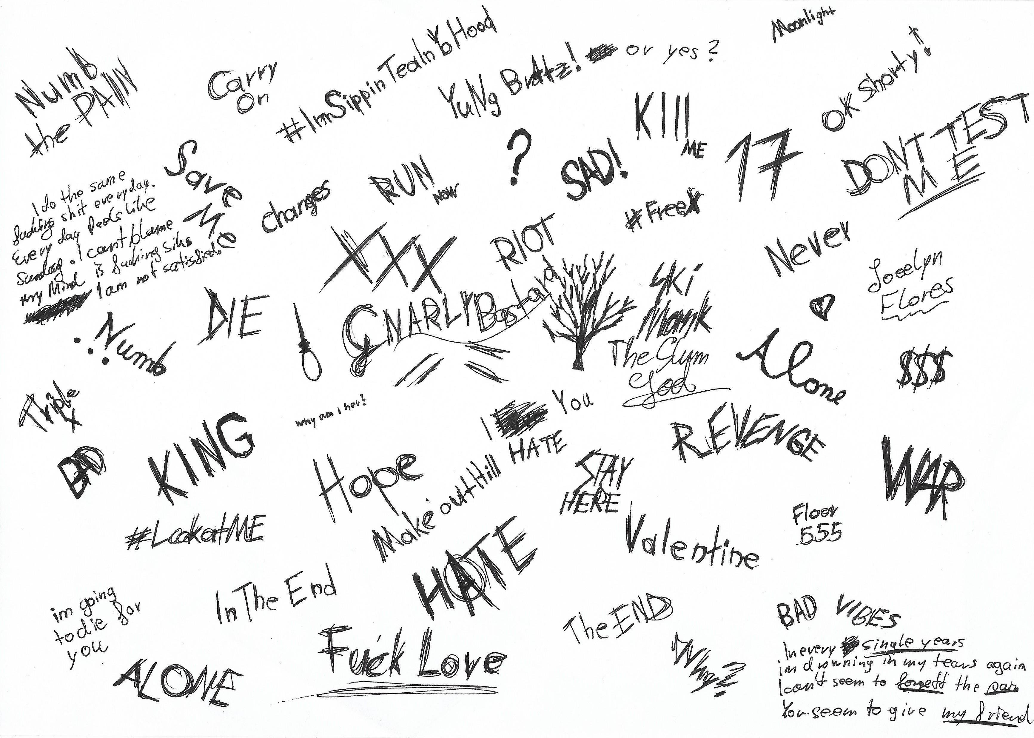 black ink graffiti wall, raw handwritten phrases, HATE, 2K Desktop Wallpaper