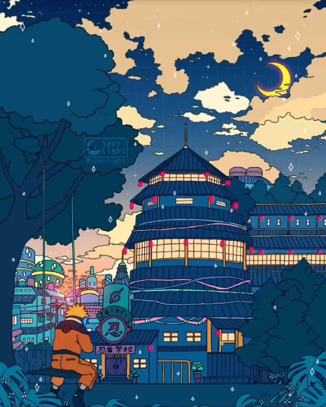 Naruto, orange ninja, glowing blue tower, HD Phone Wallpaper