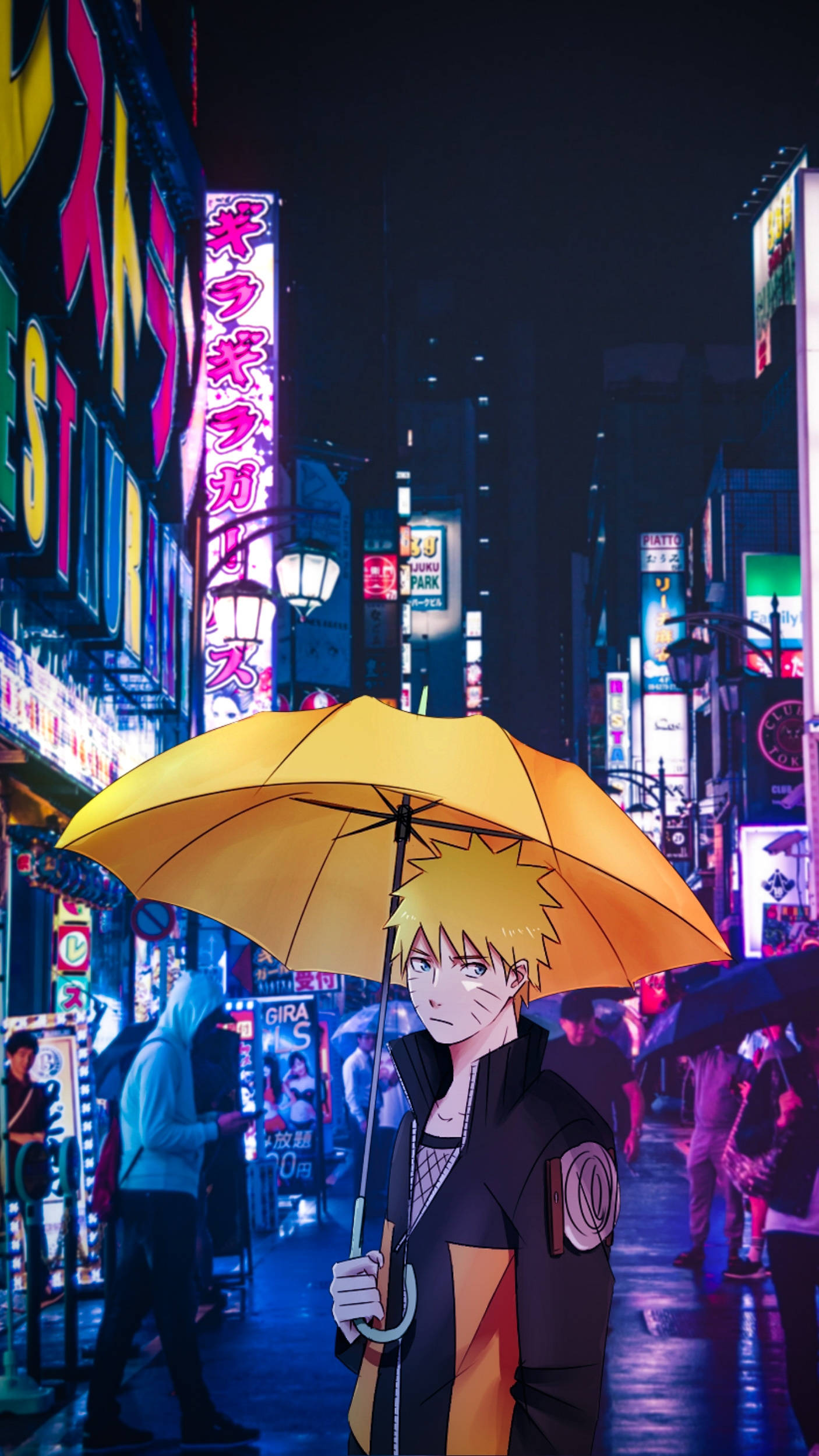 Naruto, yellow umbrella, neon lights, Full HD Phone Wallpaper