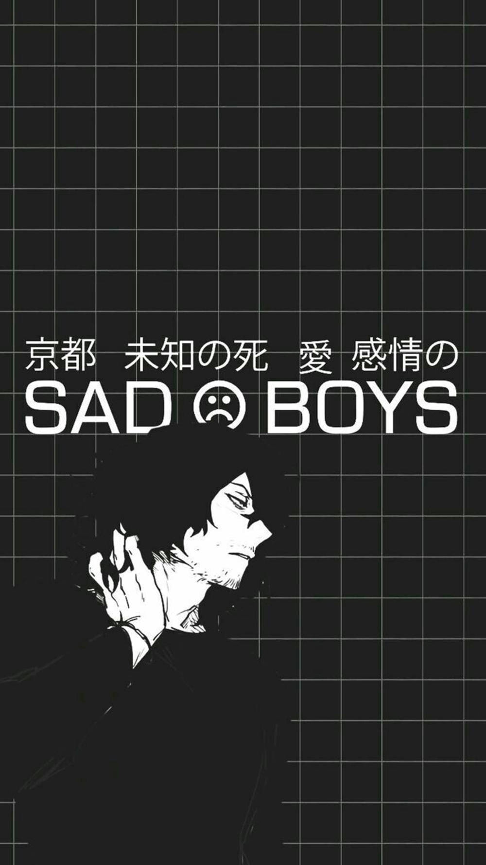 A black and white anime-style illustration of a sad boy with hand on head against a grid background with Japanese text and 'SAD BOYS' title., HD Phone Wallpaper