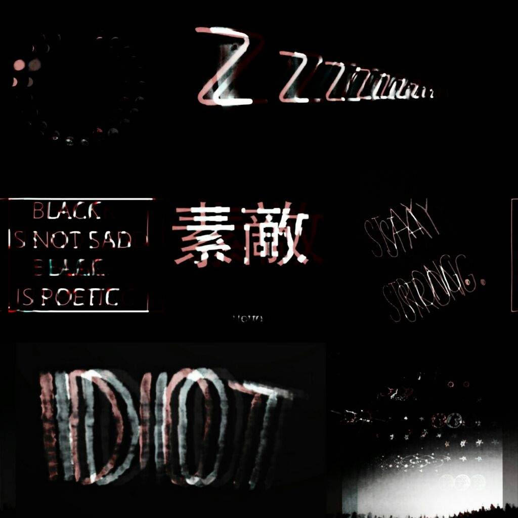 Dark background with glowing neon text phrases like 'Zzzzz', 'BLACK IS NOT SAD', and 'STAY STRONG' in varied fonts., SD Desktop Wallpaper