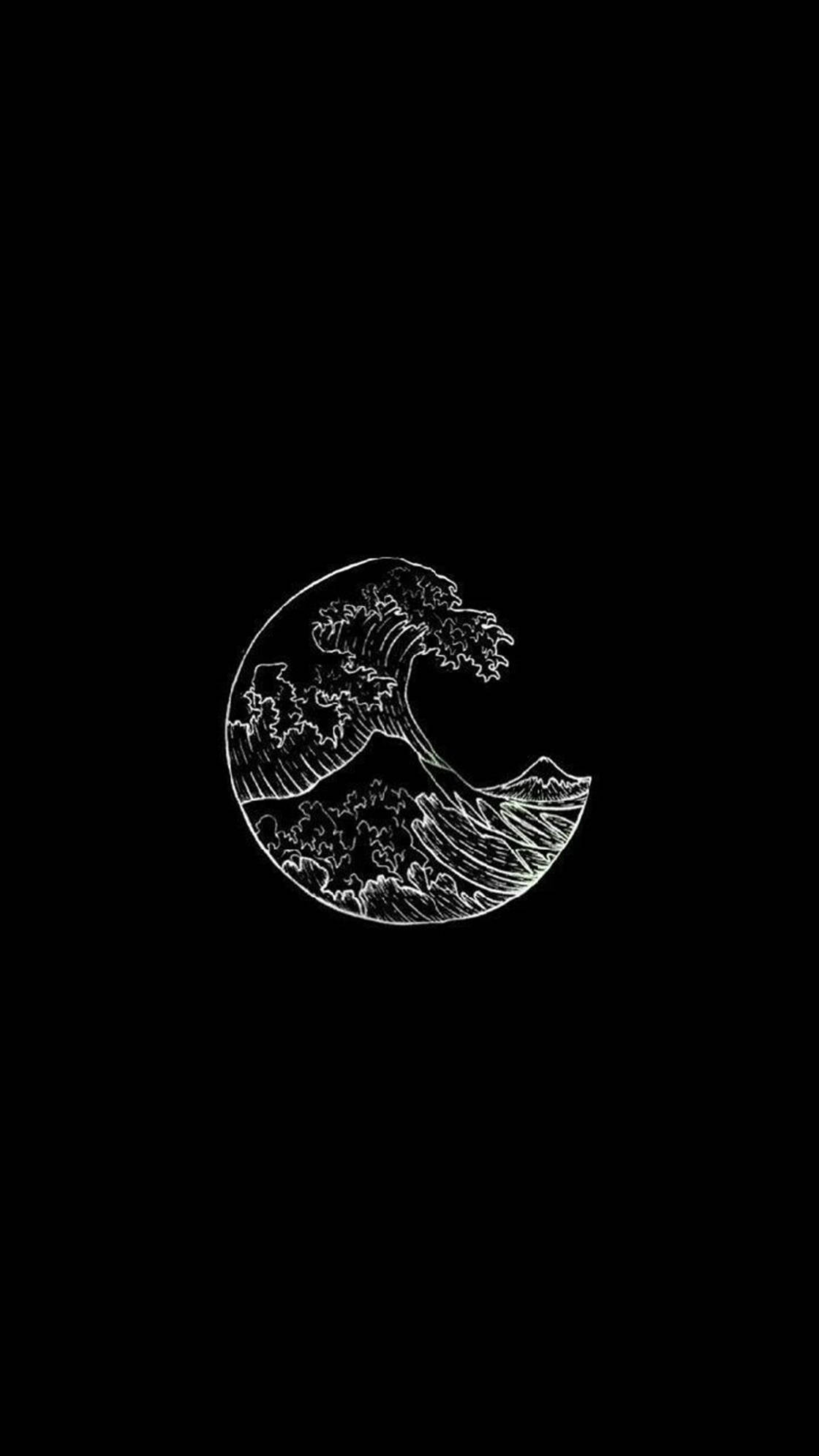 A minimalist white line drawing of The Great Wave off Kanagawa forms a crescent moon against a solid black background., Full HD Phone Wallpaper